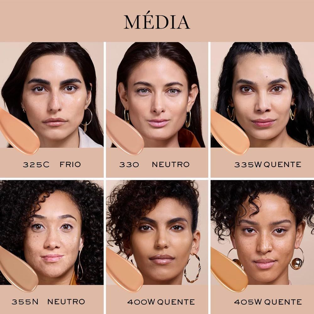 Gesichter mit Make-up. Verschiedene Hauttöne. Text: 325C, 330 Neutro, 335W Quente, 355N Neutro, 400W Quente, 405W Quente.