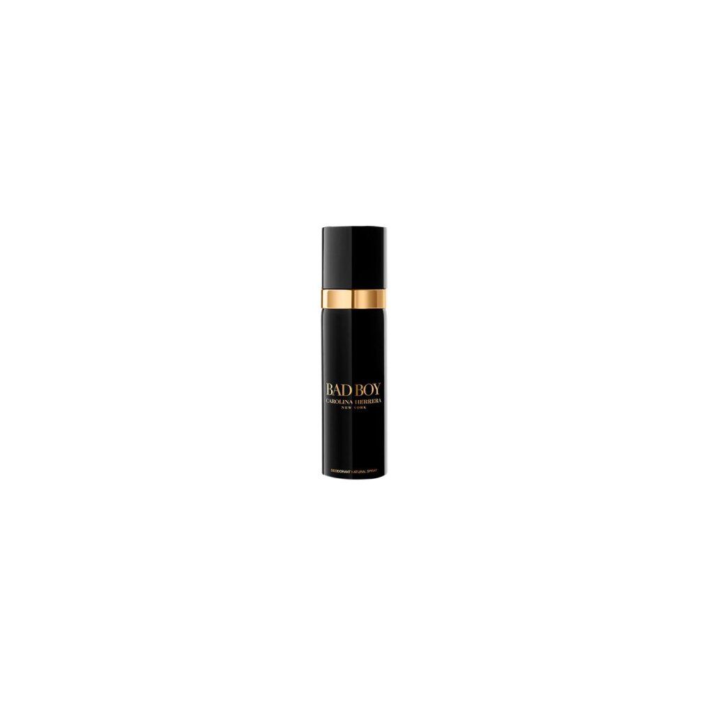 Schwarze Deodorant-Spray-Flasche mit goldfarbenem Band. Aufschrift: BAD BOY CAROLINA HERRERA NEW YORK. Deodorant Natural Spray.