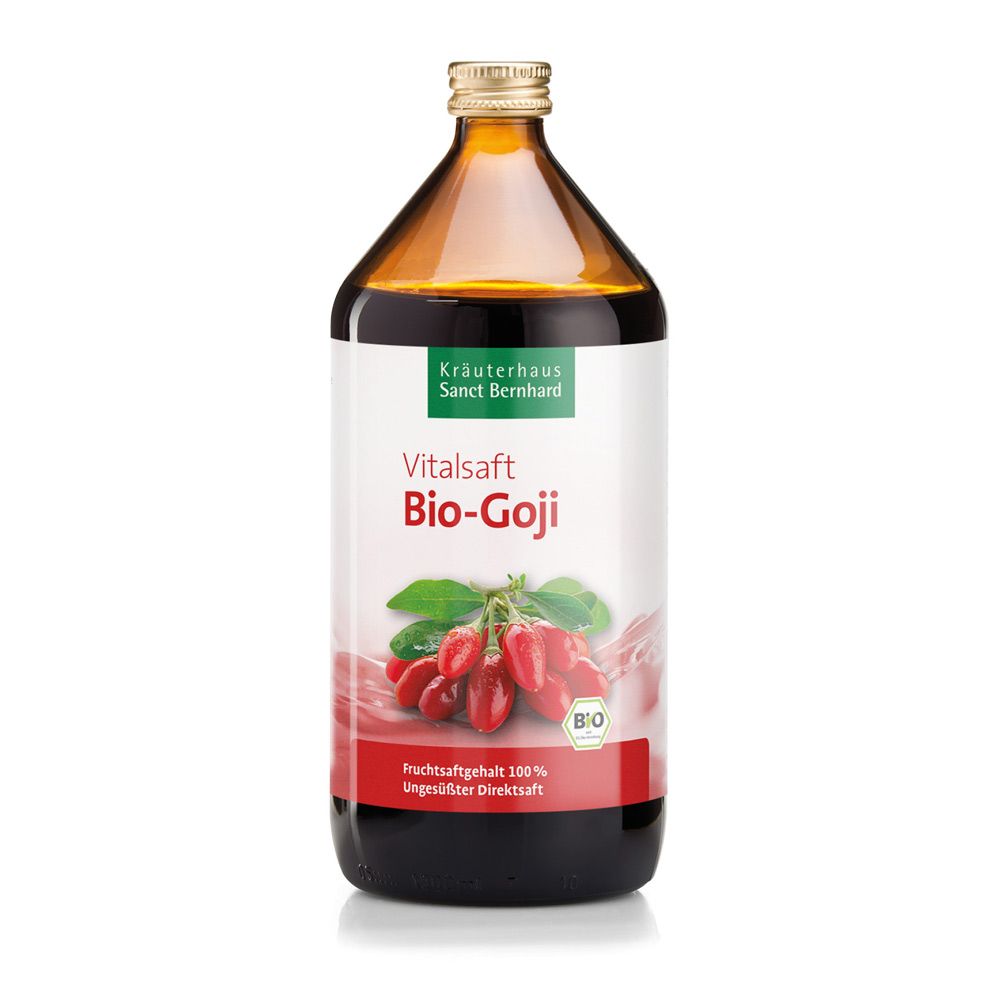 Braune Glasflasche mit Etikett. Text: Vitalsaft Bio-Goji, 100% Fruchtsaftgehalt, Bio-Siegel. Abbildung von Goji-Beeren.