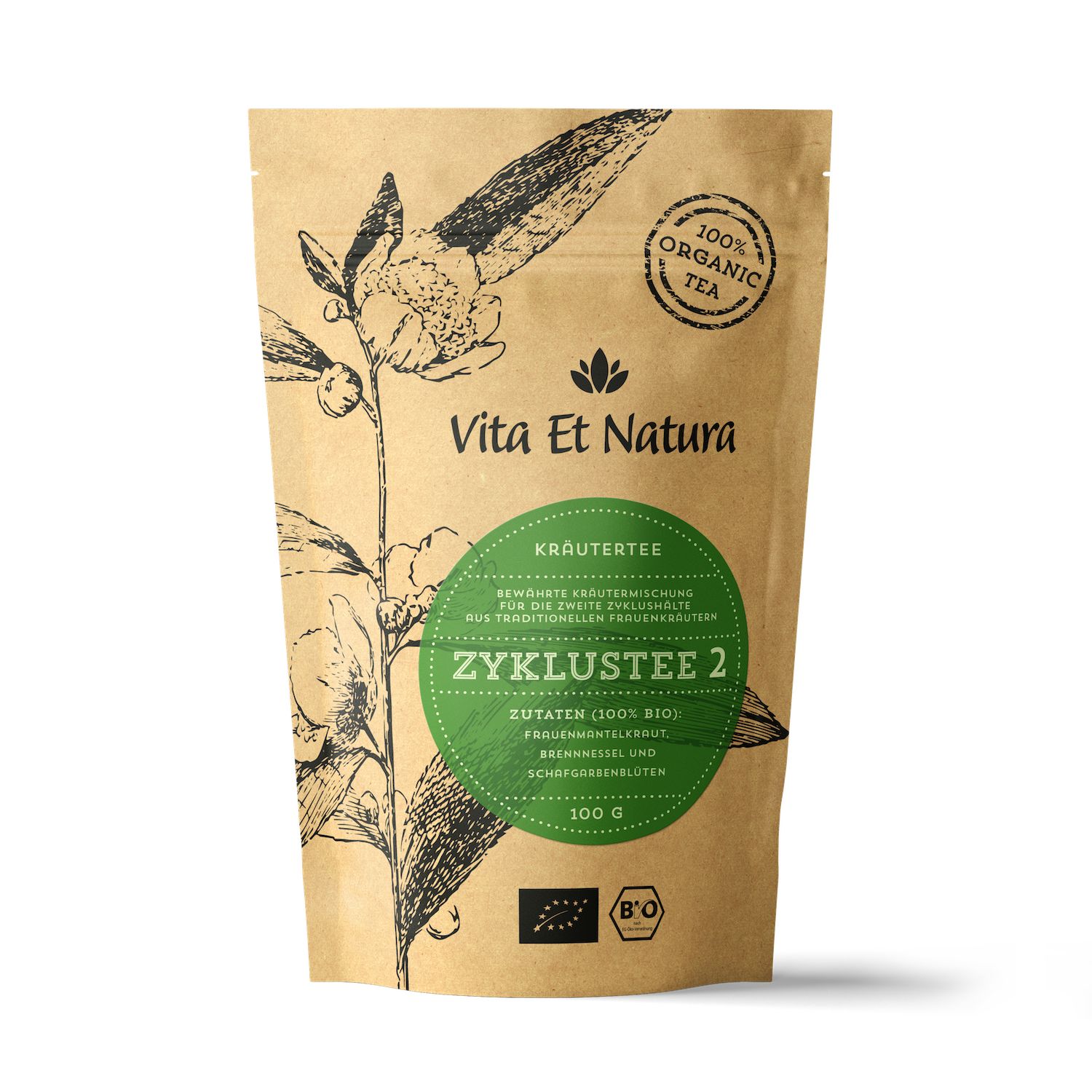 Braune Verpackung, Text: Kräutertee, Zyklustee 2, Zutaten, 100% Bio. Vita Et Natura Logo. Bio-Siegel.