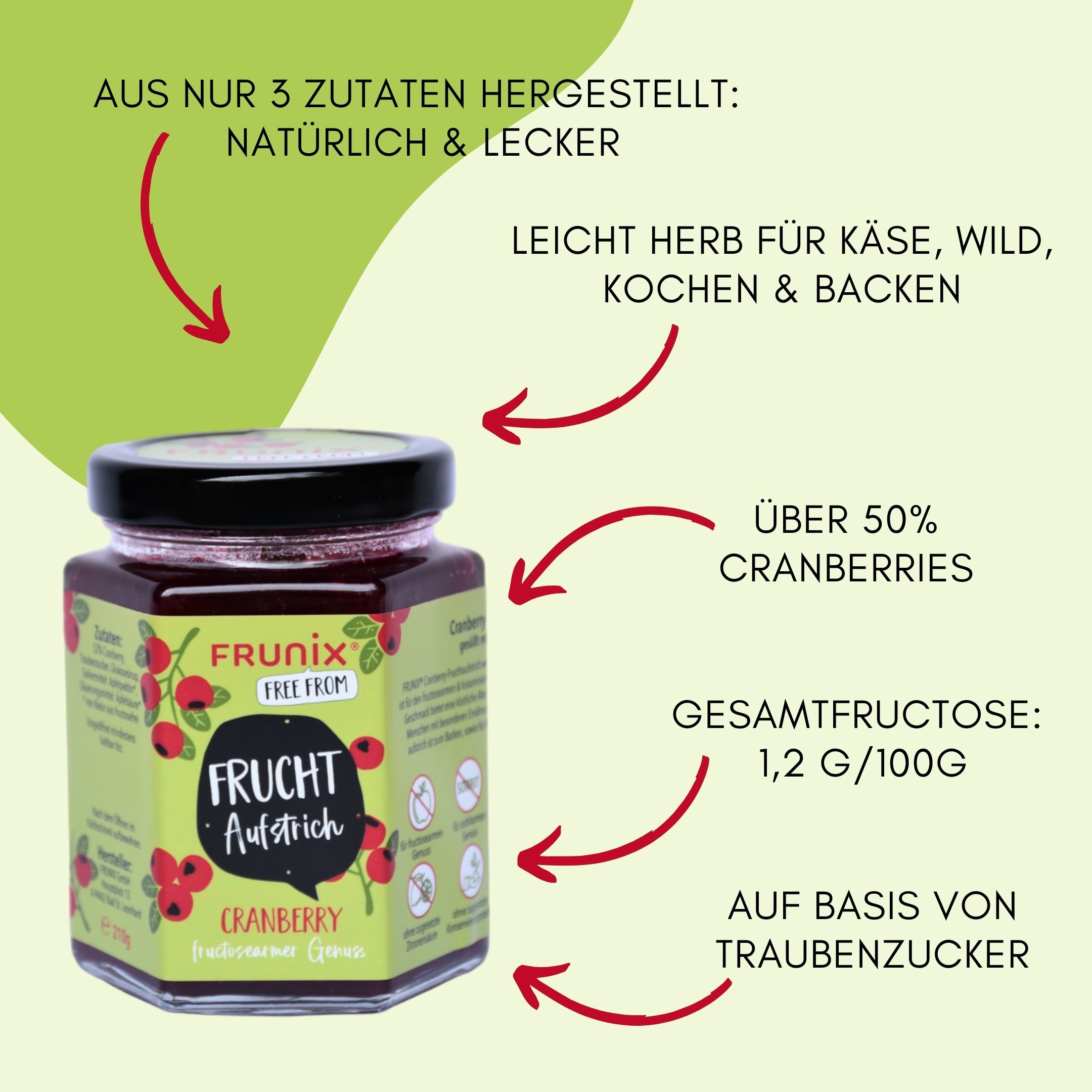 Glas FRUNIX® Cranberry-Fruchtaufstrich. Text: Aus nur 3 Zutaten hergestellt. Über 50% Cranberries. Gesamtfrutose: 1,2 G/100g.