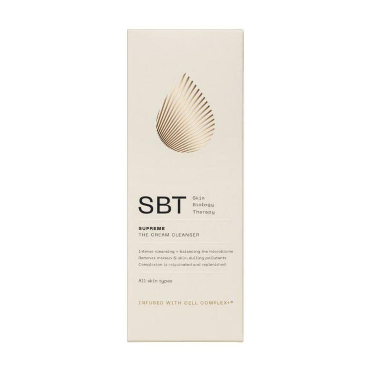 Weißer Karton mit goldfarbenem Tropfendesign. Aufschrift: SBT Skin Biology Therapy, Supreme The Cream Cleanser. Text: All skin types.