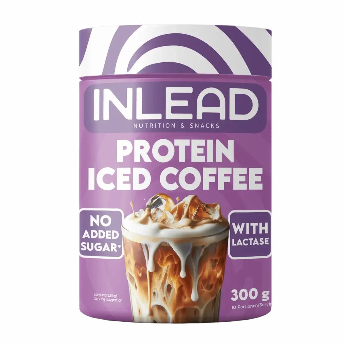 Zylinderförmige Dose mit lila Deckel und Aufschrift INLEAD Protein Iced Coffee. Abbildung eines Eiskaffees mit Eiswürfeln.