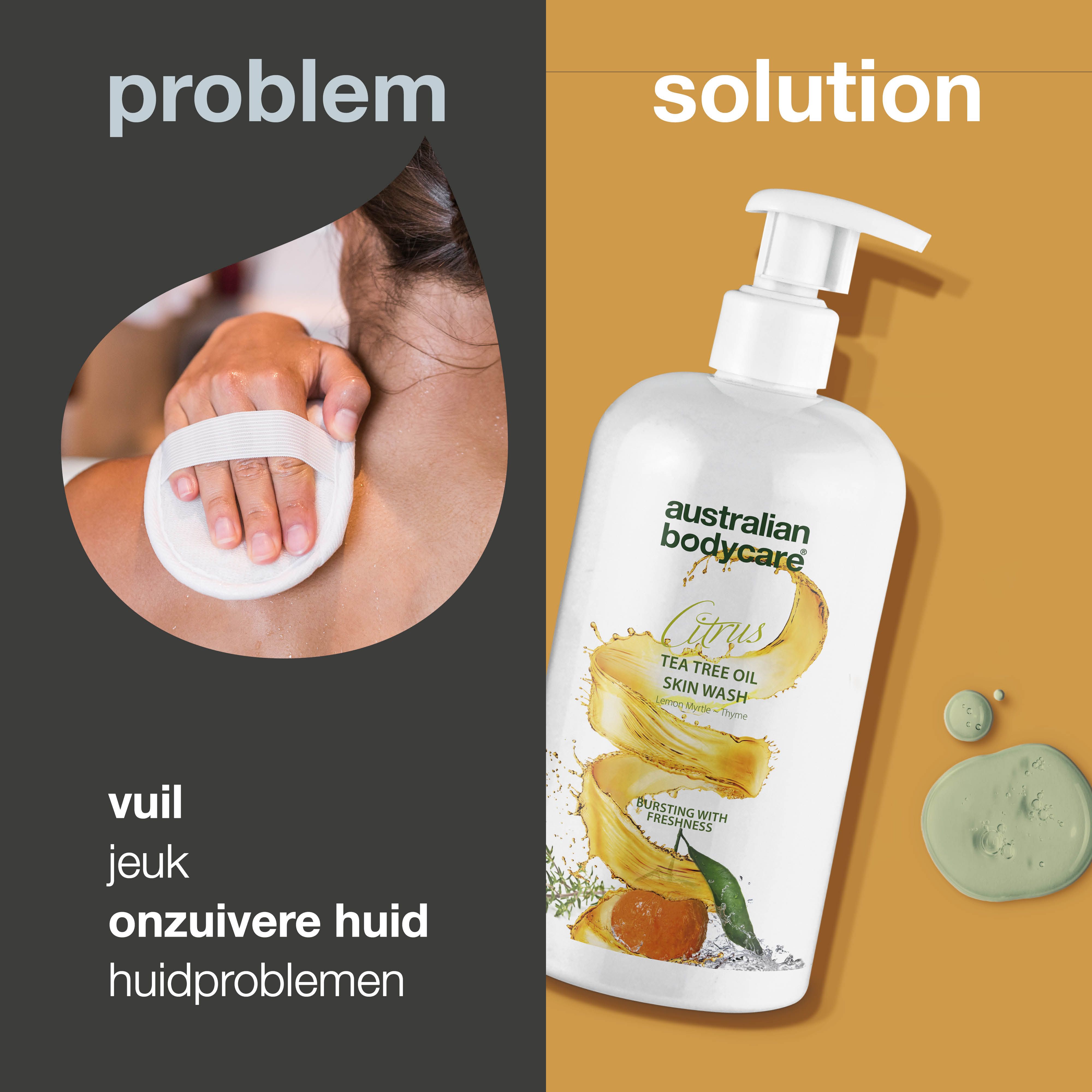 Afbeelding in twee delen. Links: persoon met spons. Rechts: fles Australian Bodycare Citrus Skin Wash en groene massa.
