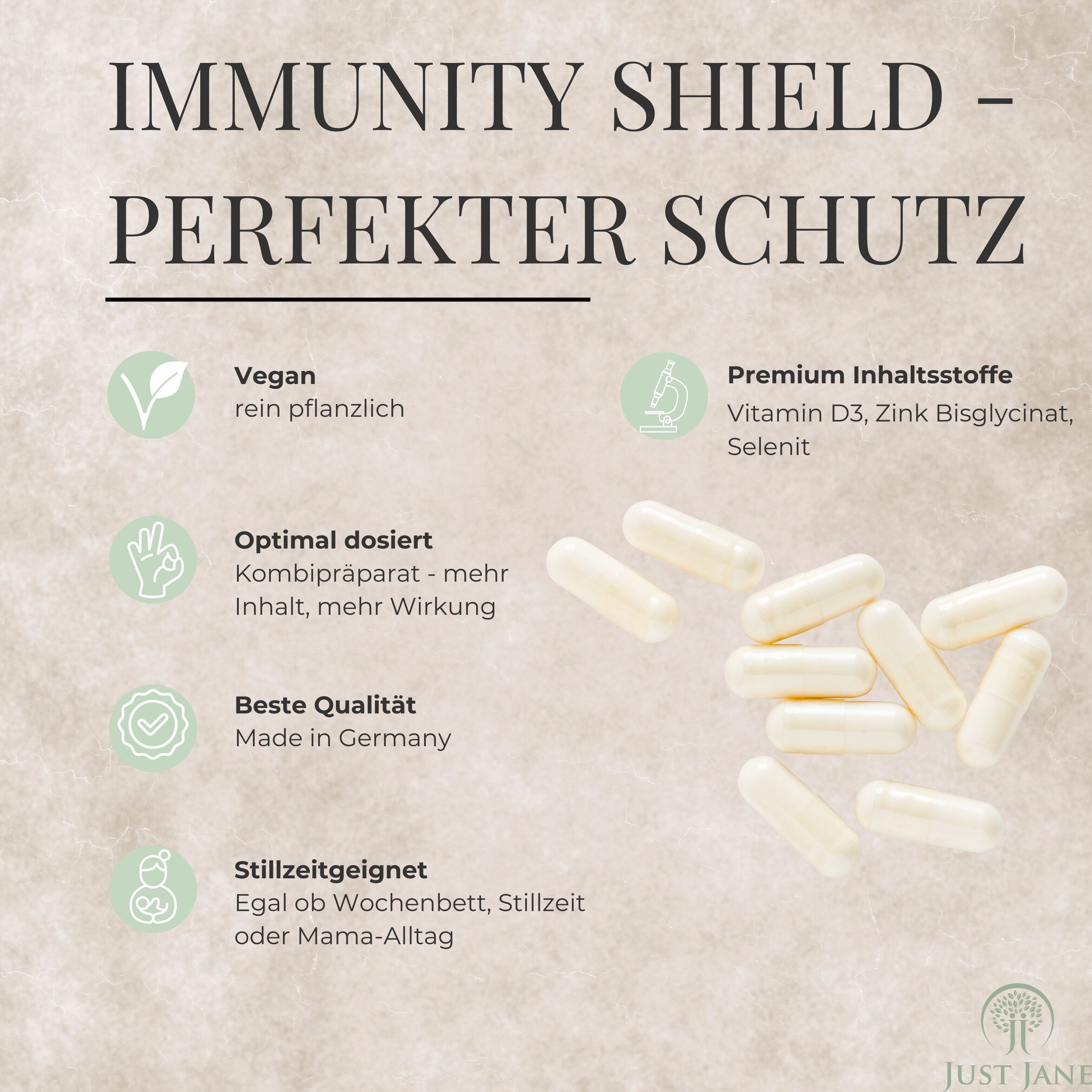 Weiße Kapseln liegen neben Infografik. Text: Vegan, Premium Inhaltsstoffe, Optimal dosiert, Beste Qualität, Stillzeitgeeignet.