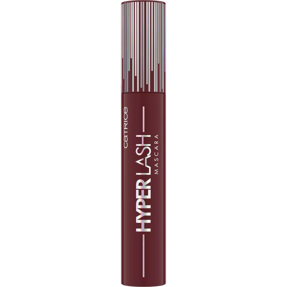 Catrice Hyper Lash Mascara. Dunkelrote Tube mit silberner Kappe. Schwarze Schrift.