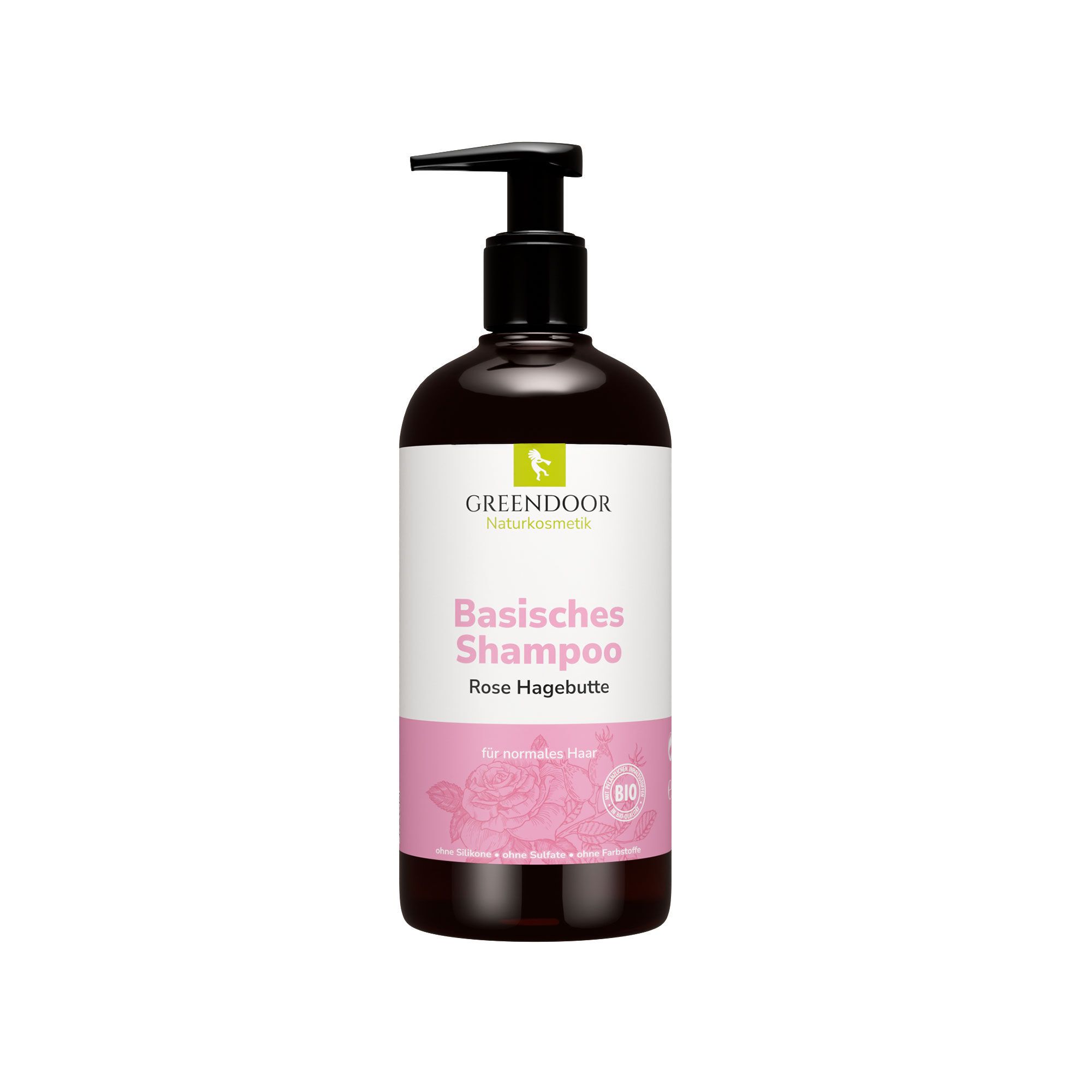 Braune Flasche mit schwarzem Pumpkopf. Aufschrift: GREENDOOR, Basisches Shampoo Rose Hagebutte. Rosa Etikett mit Rosen.