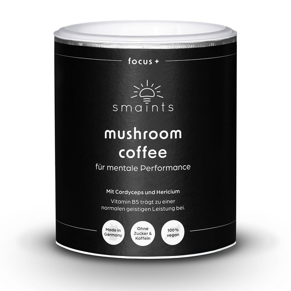 Dose Mushroom Coffee mit Text: für mentale Performance. Logo focus+. Ohne Zucker & Koffein, 100% vegan.