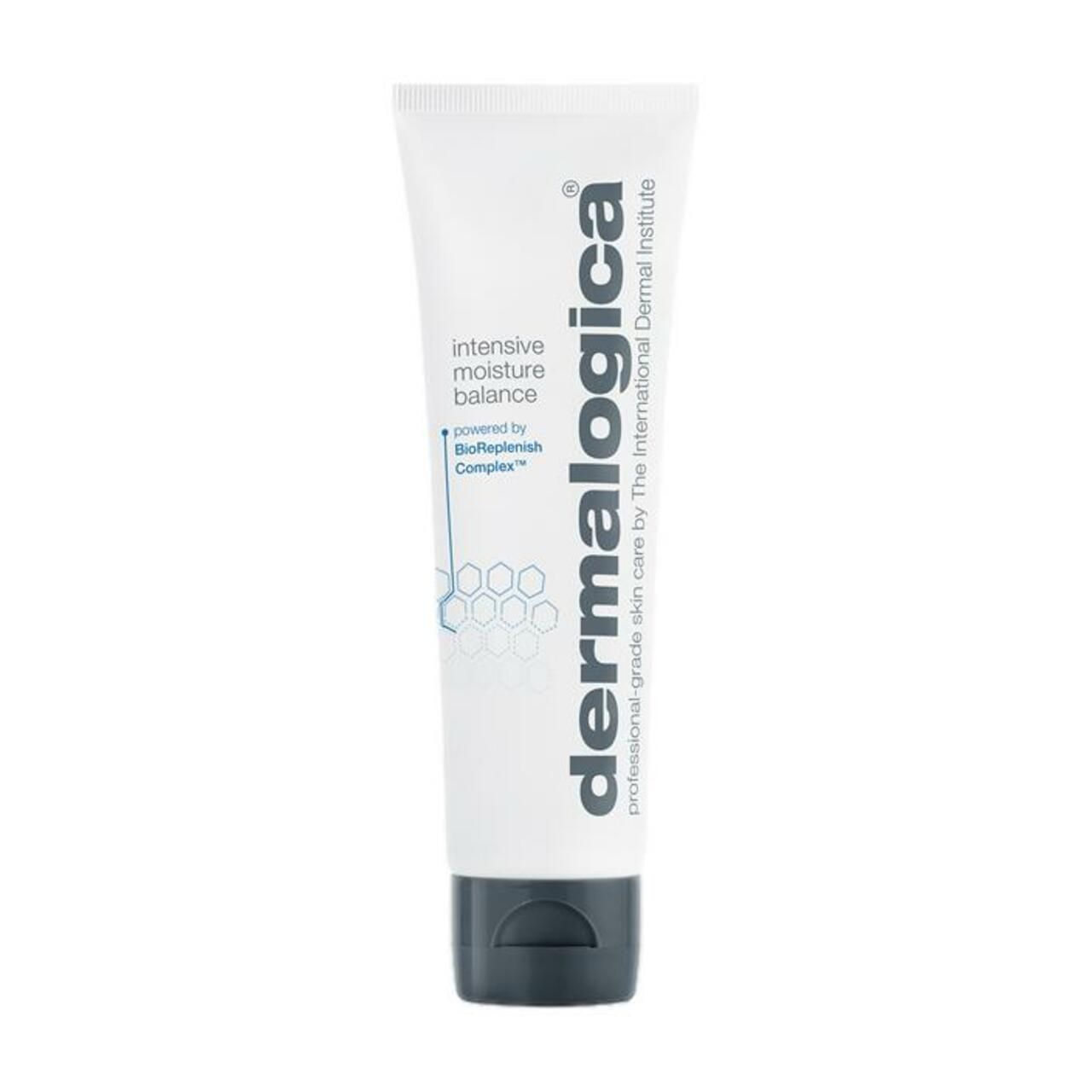 Creme-Tube mit Produktnamen und Logo. Grauer Deckel, weißer Hintergrund. Aufschrift: Intensive Moisture Balance.