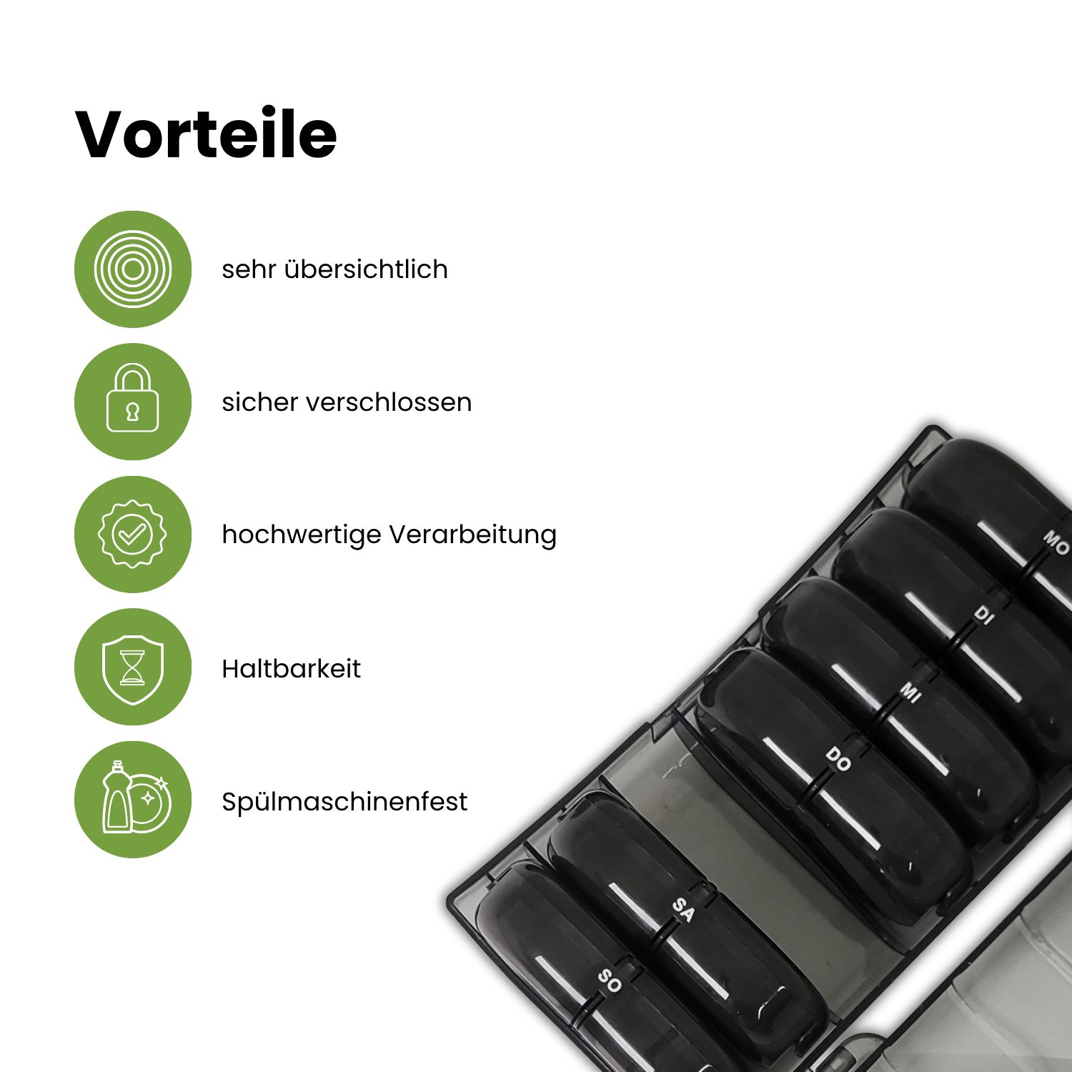 Tablettenbox mit 7 Tagesboxen. Vorteile: übersichtlich, sicher verschlossen, hochwertige Verarbeitung, Haltbarkeit, spülmaschinenfest.