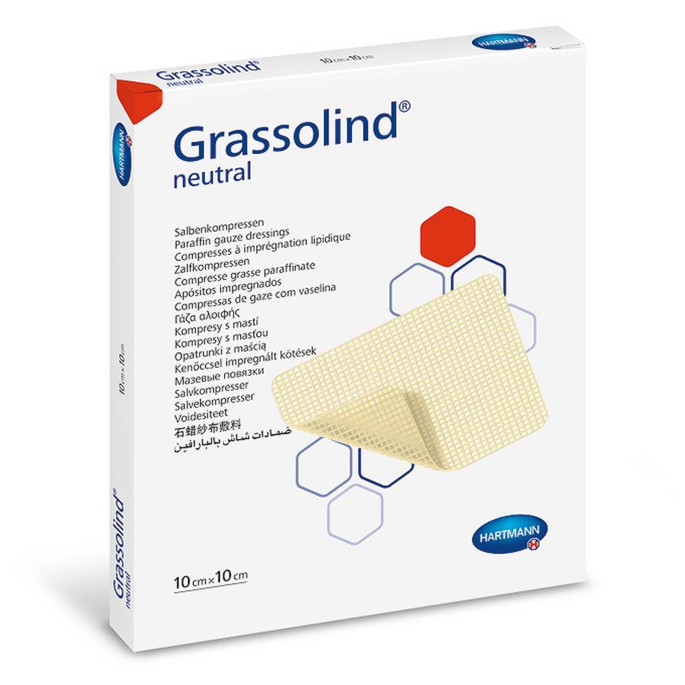 Verpackung von Grassolind® neutral Salbenkompressen. Enthält eine Kompresse. 10x10 cm. Hartmann Logo.