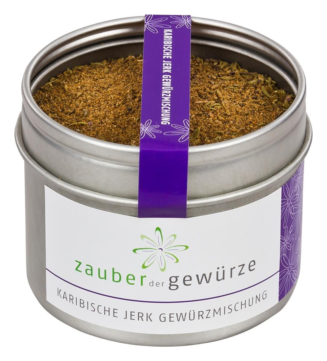 Metallbehälter mit Gewürzmischung. Aufkleber mit Schriftzug 'Zauber der Gewürze' und 'Karibische Jerk Gewürzmischung'.
