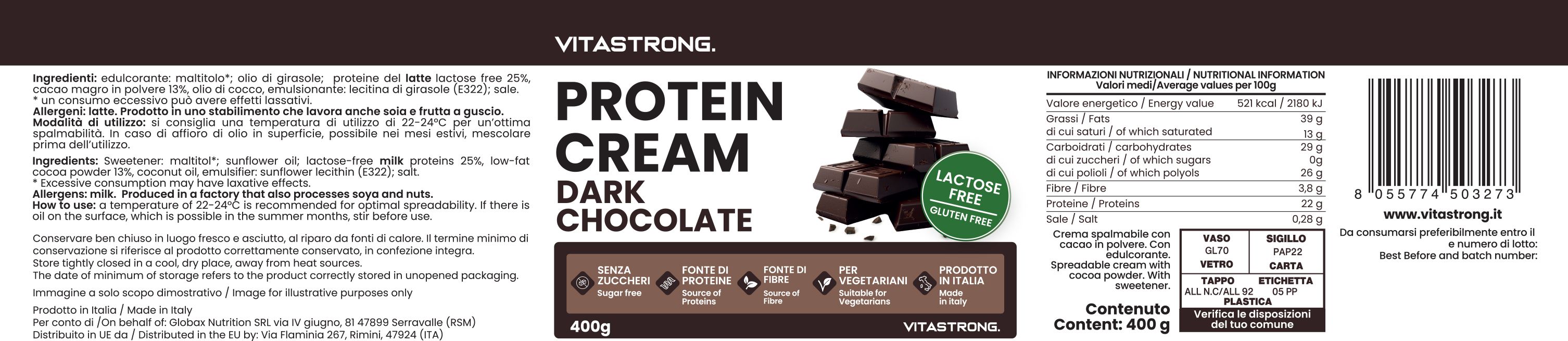 Etikett mit Produktinformationen. Text: Protein Cream Dark Chocolate, ohne Zucker, glutenfrei, laktosefrei. 400g. Vitastrong.