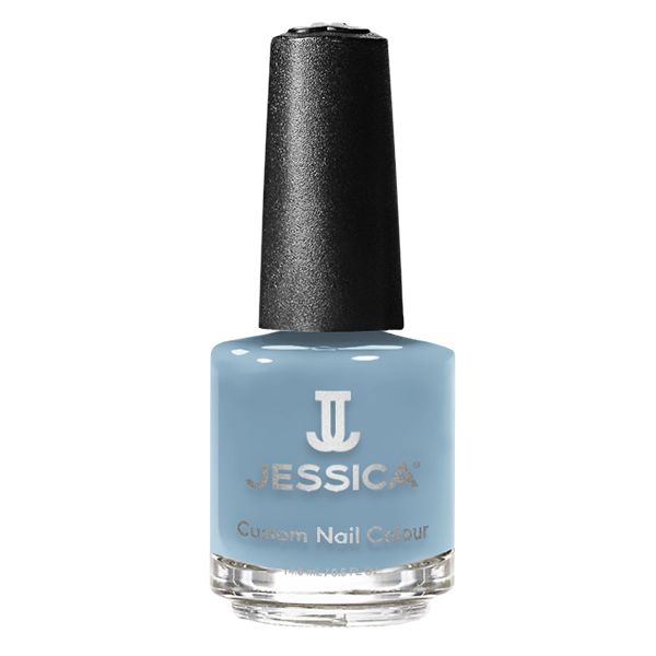 Hellblaues Nagellackfläschchen mit schwarzem Deckel. Aufschrift: JESSICA Custom Nail Colour.