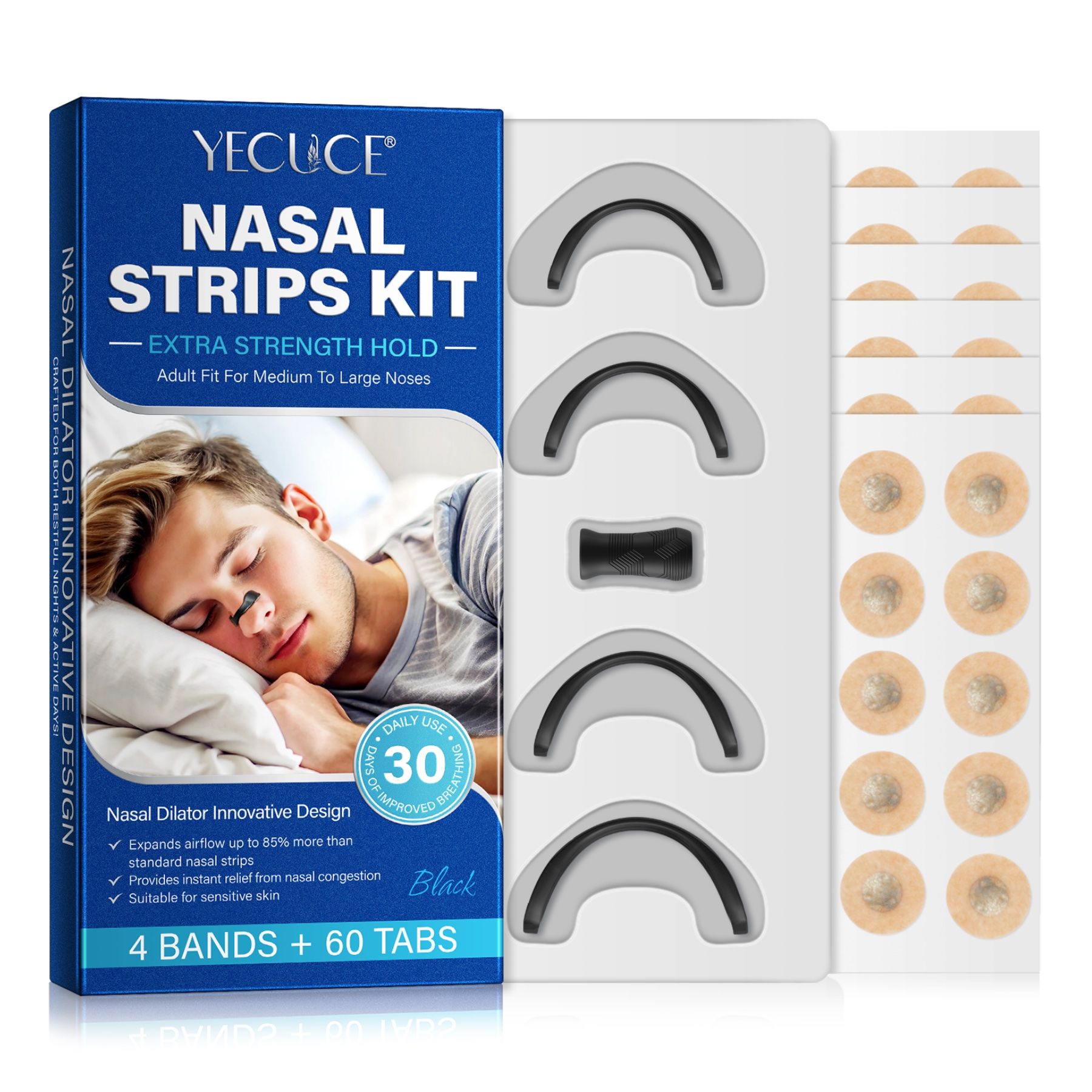 Confezione di strisce e cerotti nasali. Contiene 4 strisce nasali e 60 cerotti. Strisce nasali nere. Nome del prodotto: Yecuce Nasal Strips Kit.