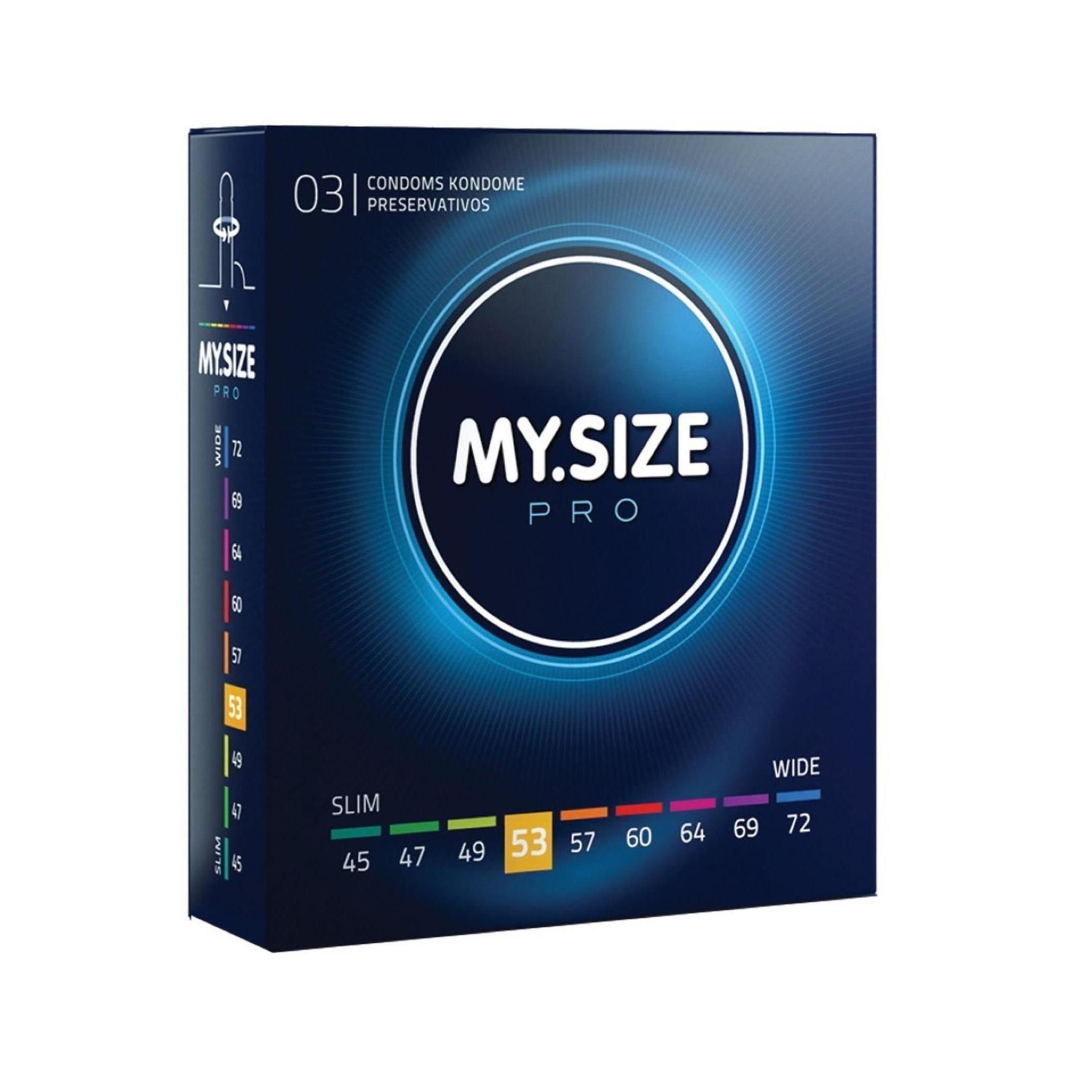 Verpackung von MY.SIZE PRO Kondomen. Größe 53mm. Schwarze Box mit blauem Kreis und Größenangaben.