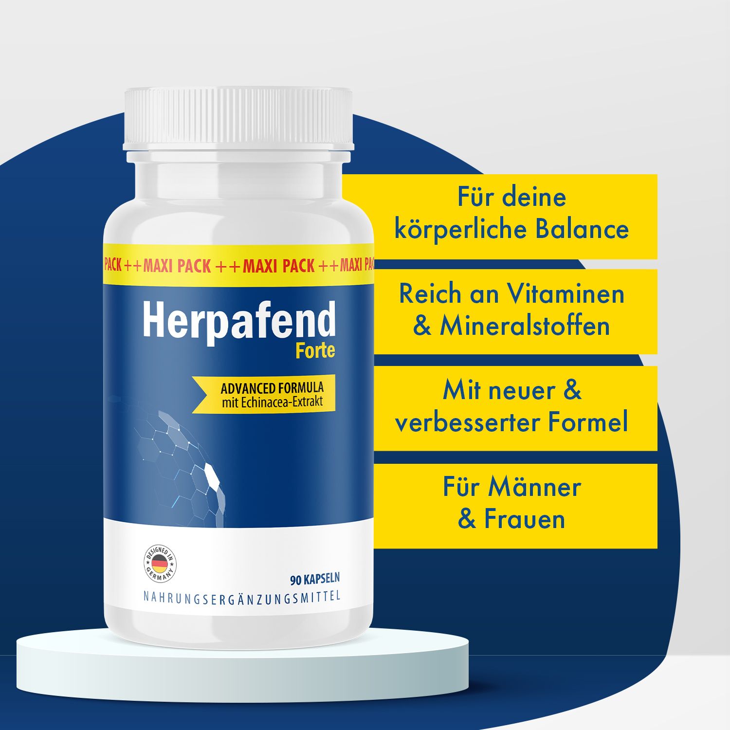 Weiße Flasche Herpafend Forte Kapseln. Gelbe Banner mit Text. 90 Kapseln. Auf Podest. Blaue Hintergrund.