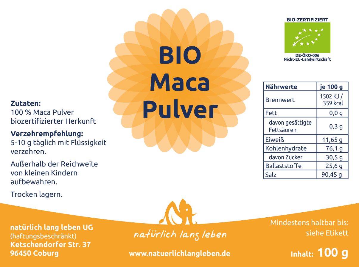 Etikett mit Text und Nährwerttabelle. Aufschrift BIO Maca Pulver. Bio-Zertifizierung. Orangefarbenes Logo.