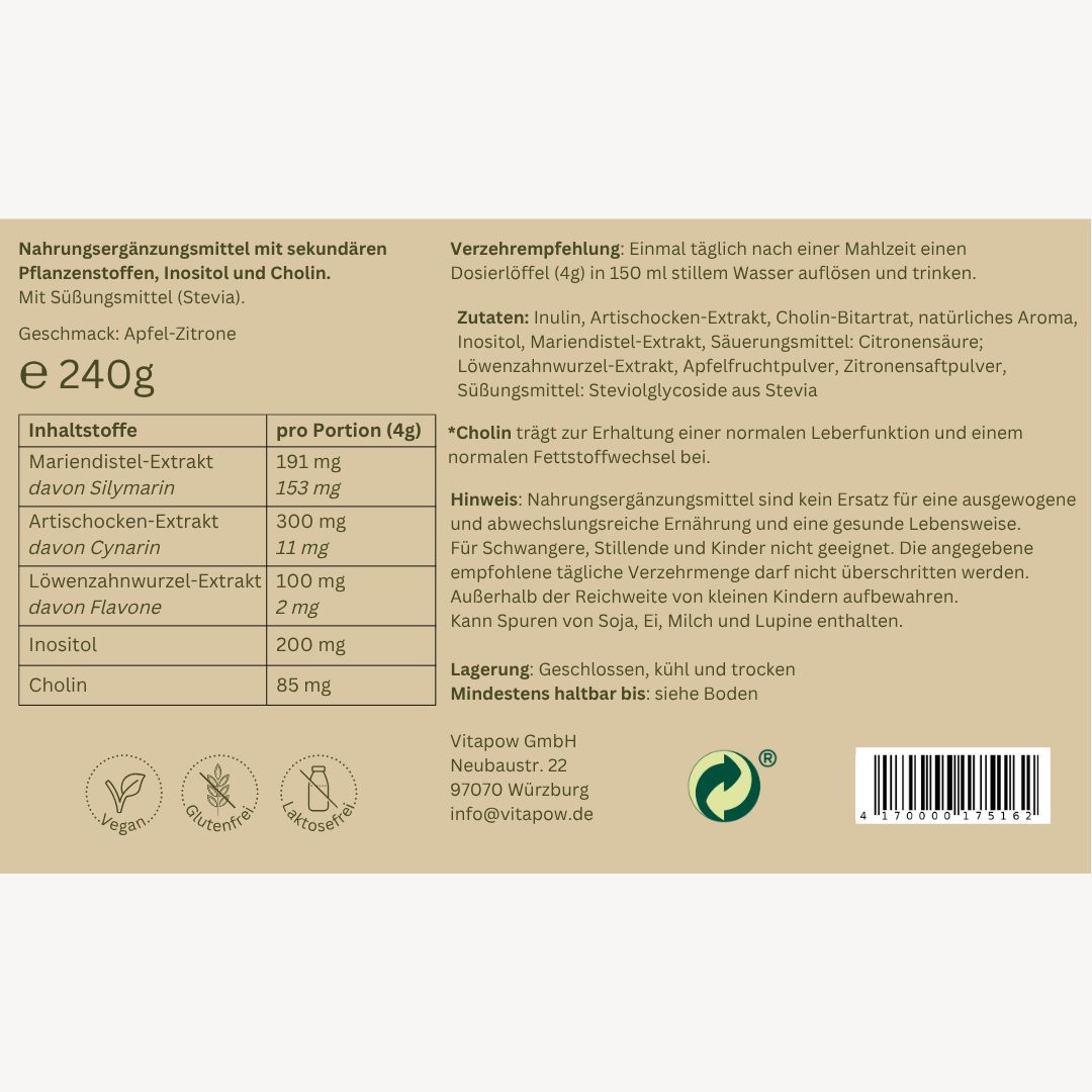 Produktverpackung mit Inhaltsstoffen und Verzehrempfehlung. Enthält Mariendistel, Artischocke, Löwenzahn, Inositol, Cholin. Vegan, glutenfrei, laktosefrei.