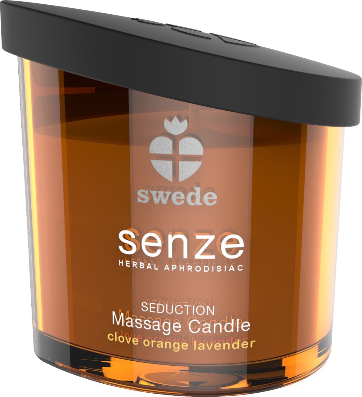 Braune Massagekerze mit schwarzem Deckel. Aufschrift: Senze, Herbal Aphrodisiac, Seduction, Massage Candle, Nelke, Orange, Lavendel.