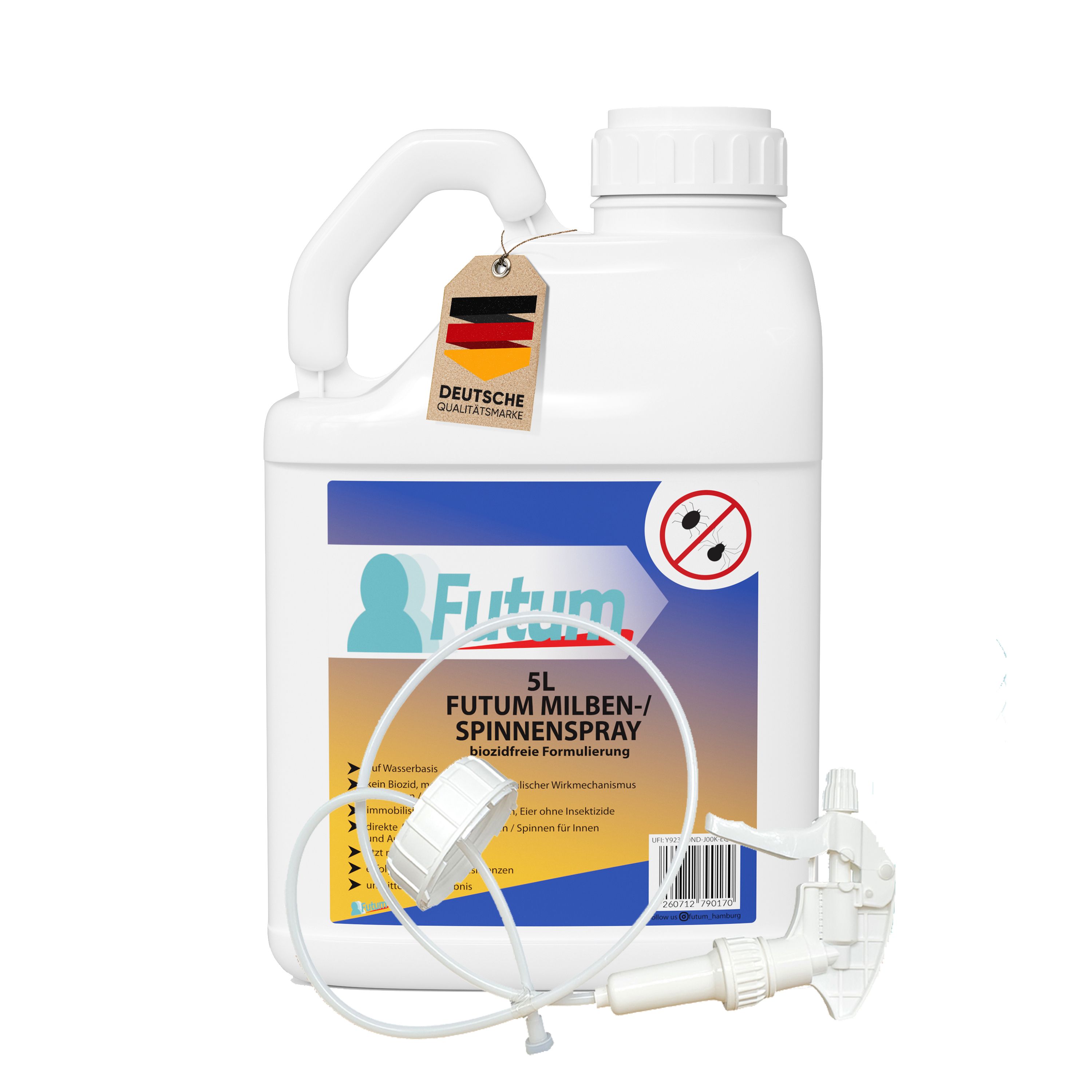 Weiße Kanister mit Griff und Sprühkopf. Aufschrift: FUTUM Milben-/Spinnenspray. Mit deutschem Qualitätssiegel.