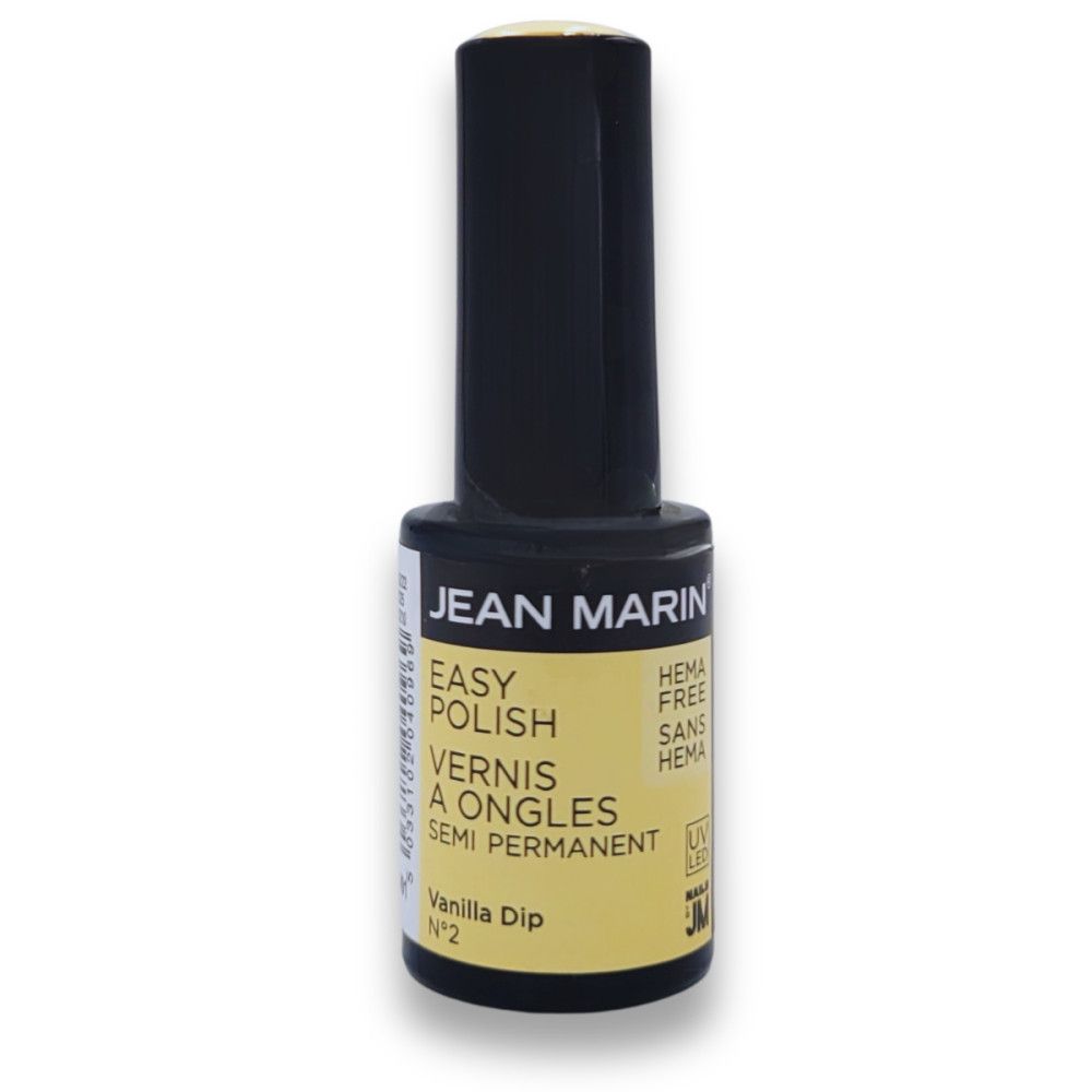 Nagellackflasche mit schwarzem Deckel. Aufschrift: JEAN MARIN, EASY POLISH, VERNIS À ONGLES, SEMI PERMANENT. Farbe: Vanilla Dip.