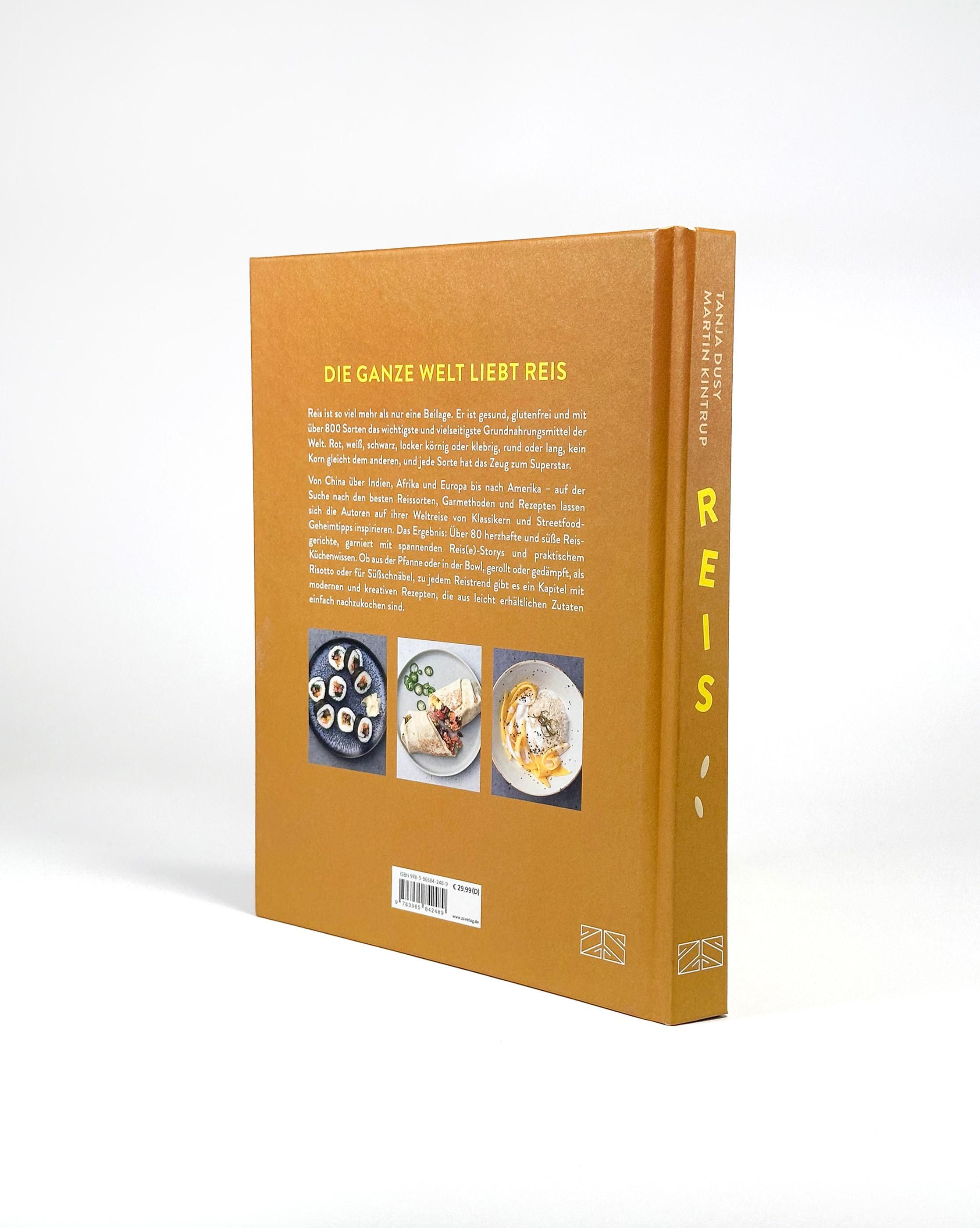 Buch "REIS" mit gelbem Einband. Text und Bilder auf der Rückseite. Autoren: Tanja Dusy, Martin Kintrup. Reiskorn-Illustrationen.