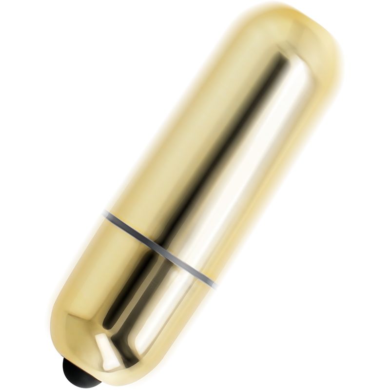 Goldfarbene, zylindrische Mini-Vibrationskugel. Schwarzer Ring in der Mitte, schwarzer Knopf am Ende.