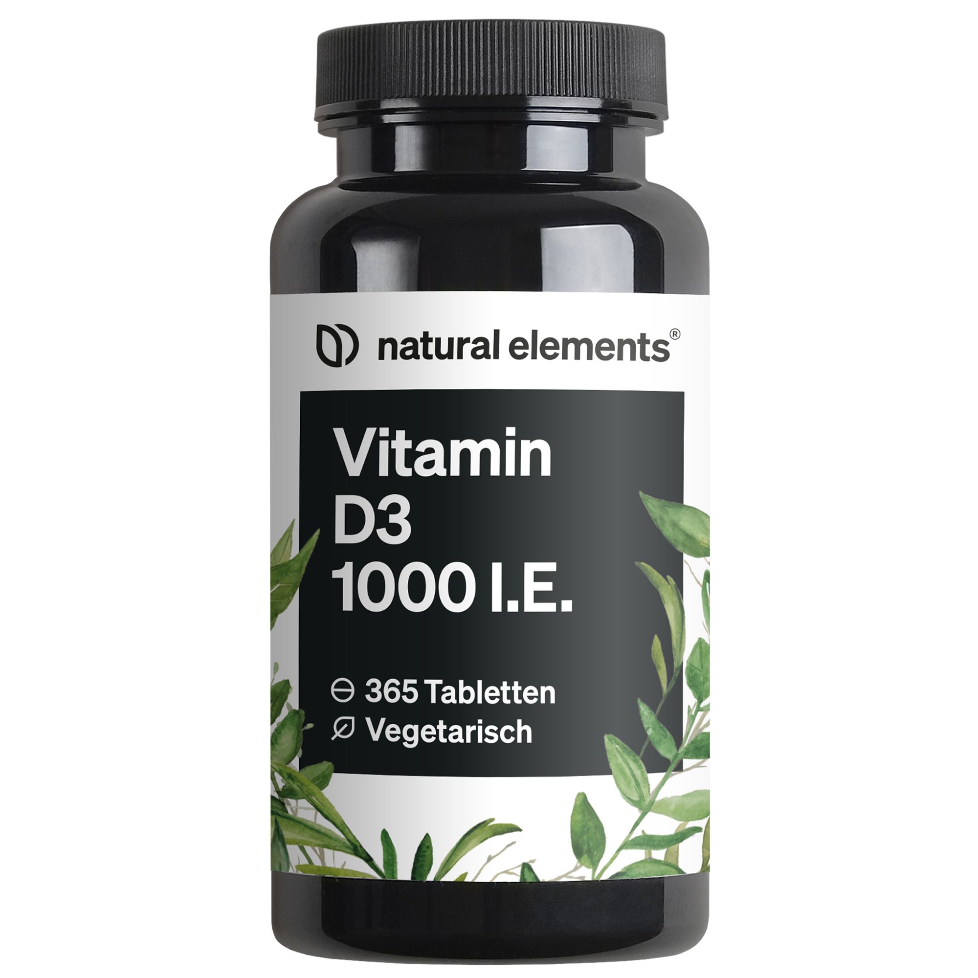 Schwarze Flasche mit weißem Etikett. Aufschrift: natural elements Vitamin D3 1000 I.E. 365 Tabletten. Vegetarisch.