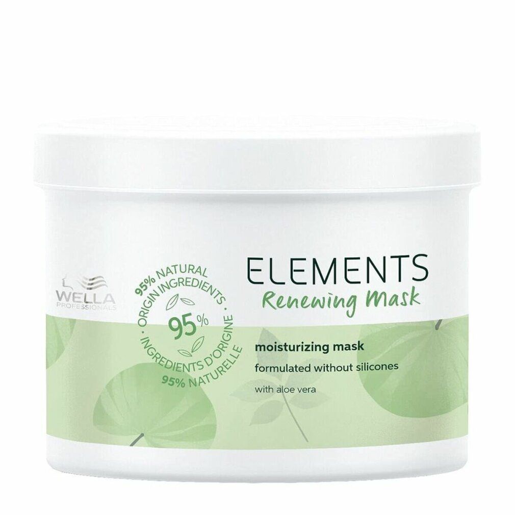 Weißer Tiegel mit grünem Aufdruck. Aufschrift: ELEMENTS Renewing Mask, 95% natürliche Inhaltsstoffe, ohne Silikone.