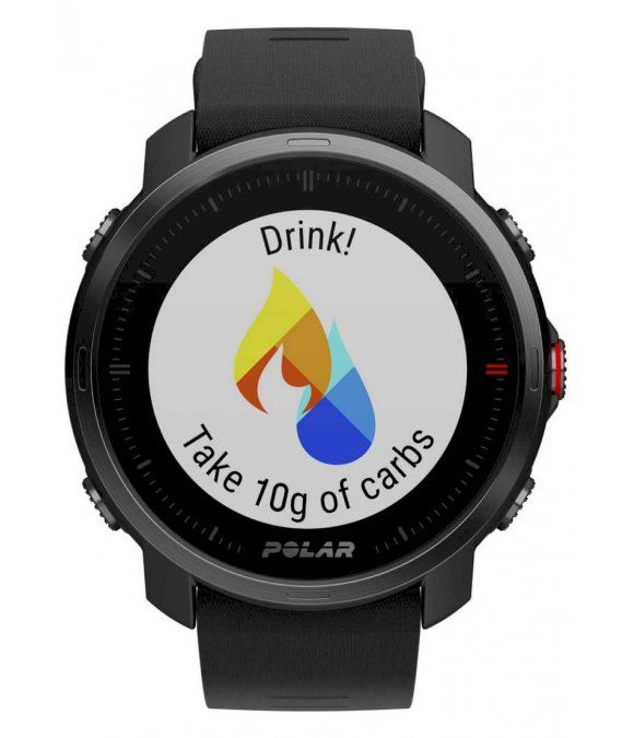 Schwarze Smartwatch mit Display. Zeigt Trink- und Kohlenhydrat-Empfehlung. Marke: Polar.