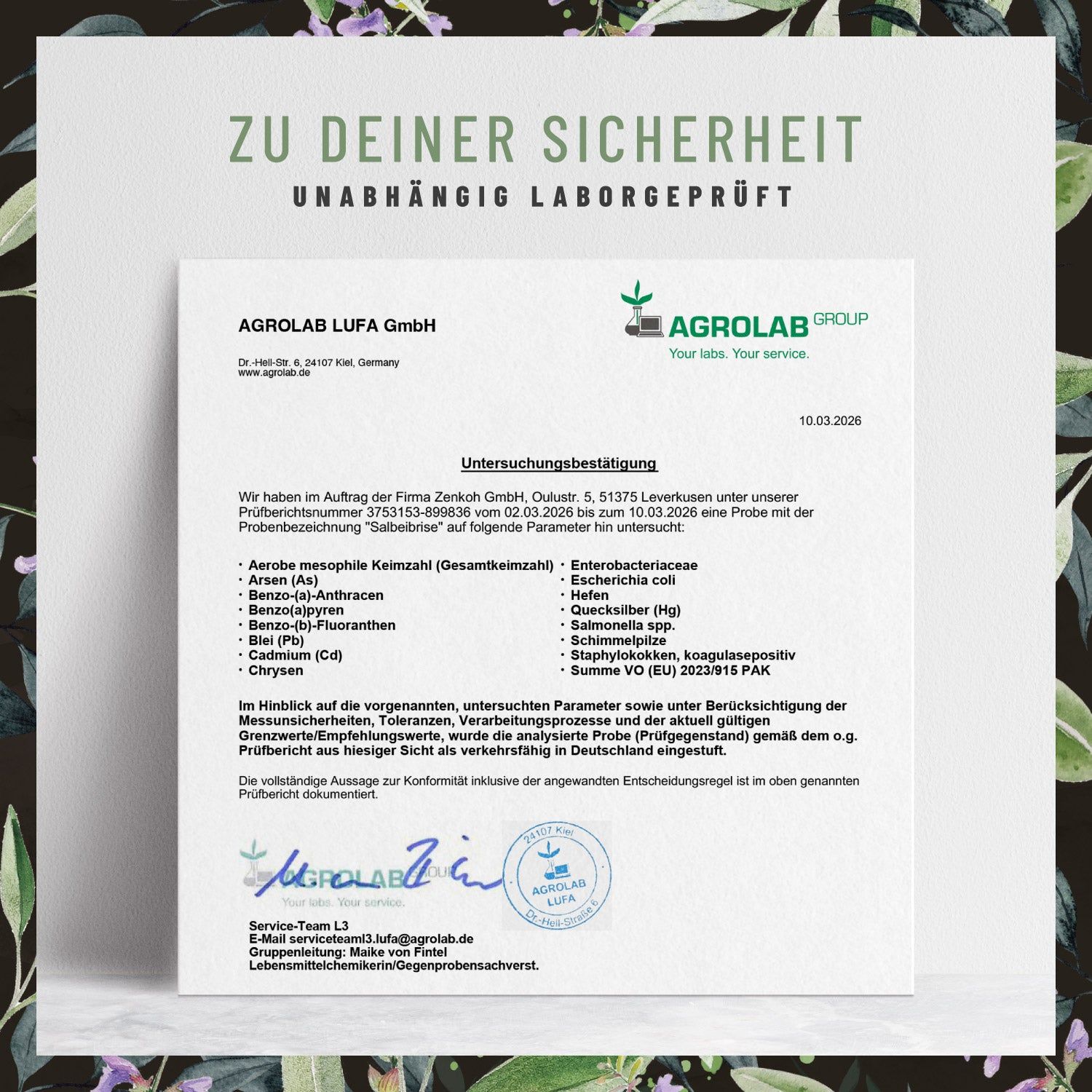 Zertifikat der Agrolab LUFA GmbH. Untersucht auf verschiedene Parameter. Bestätigung der Konformität.