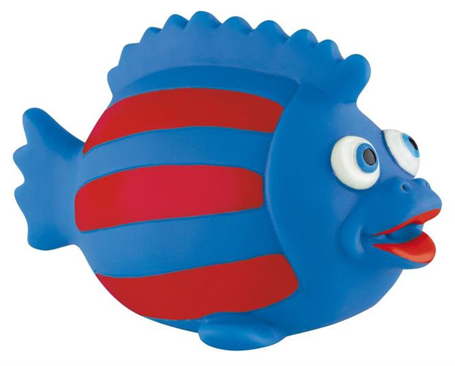Blauer Sunflex Bubble Fish mit roten Streifen. Fisch mit großen Augen und rotem Mund.