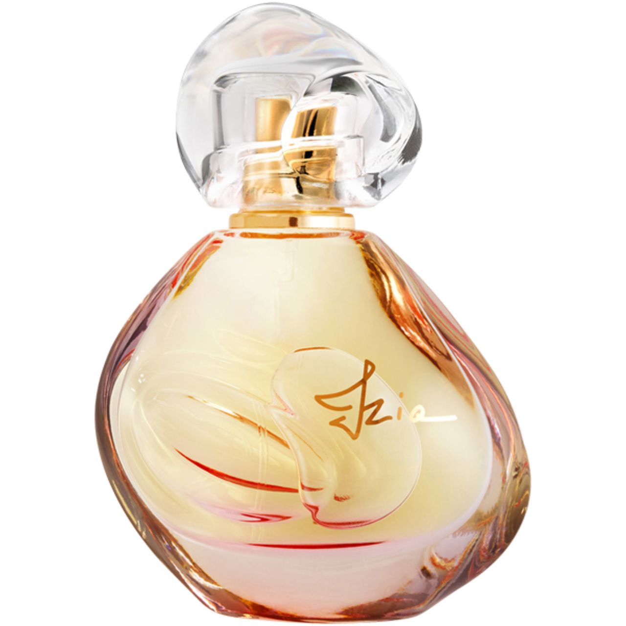 Parfümflakon, goldfarbenes Glas, transparenter Verschluss. Aufschrift "Izia".