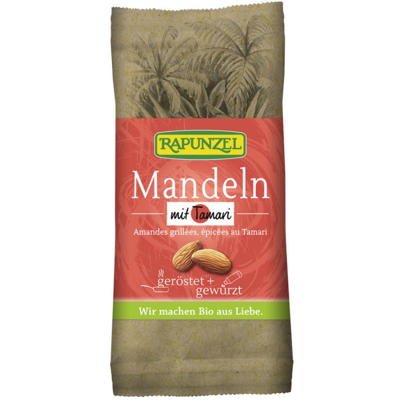 Verpackung mit gerösteten Mandeln mit Tamari. Aufschrift: Rapunzel, Mandeln, geröstet + gewürzt. Bio-Qualität.