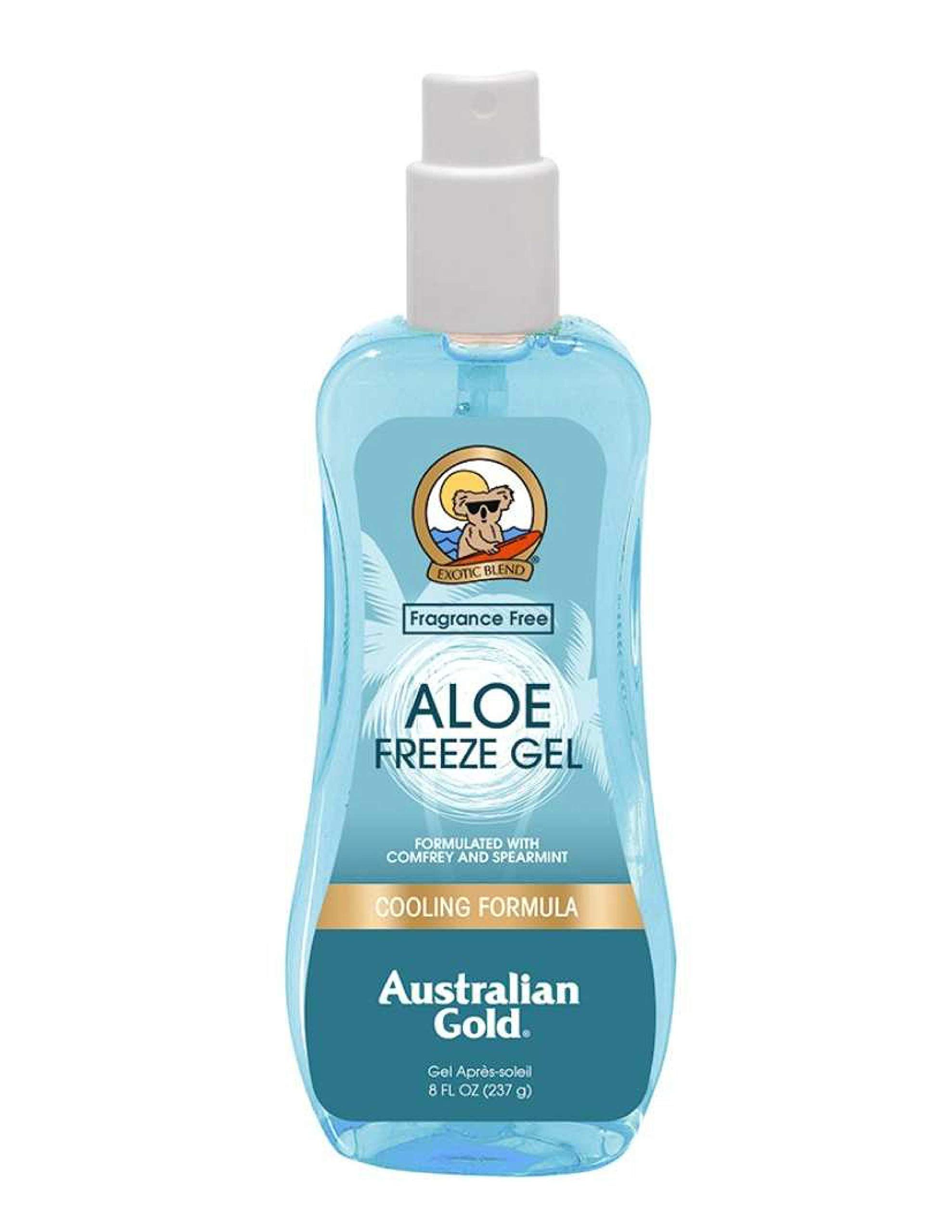 Blau-transparente Flasche mit Sprühkopf. Aufschrift: Aloe Freeze Gel, Australian Gold. Enthält Comfrey und Spearmint. 8 FL OZ (237 g).