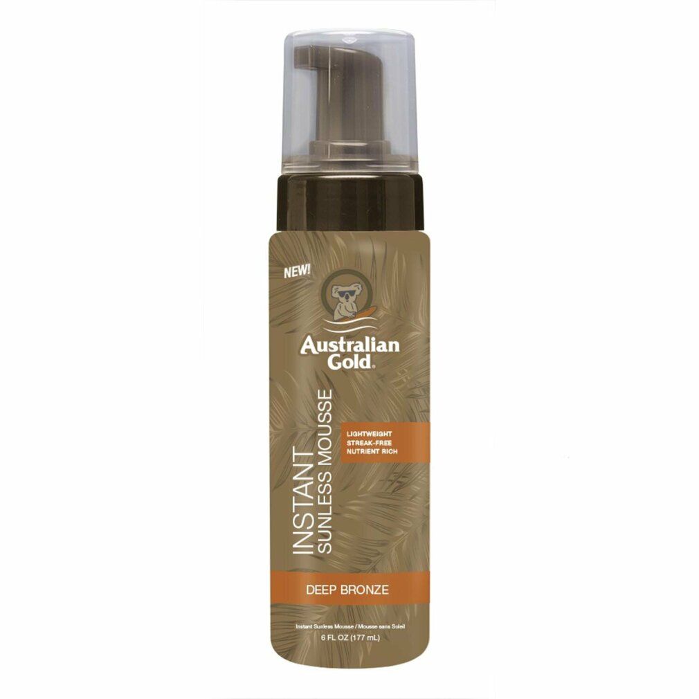 Braune Flasche mit Pumpe. Aufschrift: Australian Gold Instant Sunless Mousse, Deep Bronze.