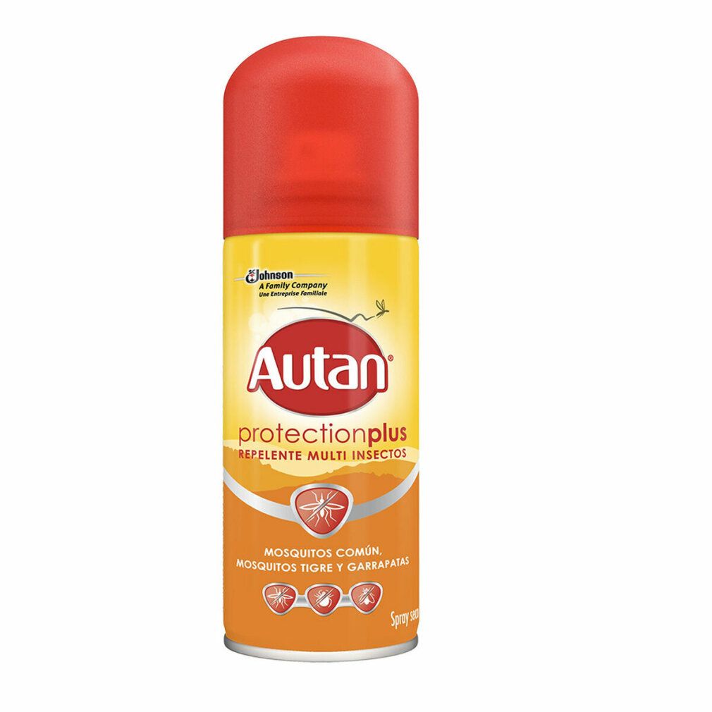 Autan Protection Plus Spray. Gelbe Dose mit rotem Deckel. Enthält Text und Logo.