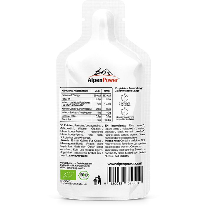 Weißer Beutel mit Text und Nährwertangaben. AlpenPower Logo und Bio-Siegel. Text: Black Currant, Zutaten, Empfohlene Anwendung.
