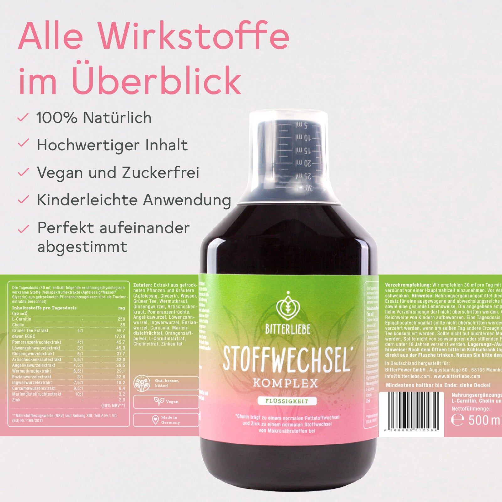 Flasche BitterLiebe Stoffwechsel Komplex. Grün-rosa Etikett. Messbecher-Deckel. Text: 100% natürlich, vegan, zuckerfrei.