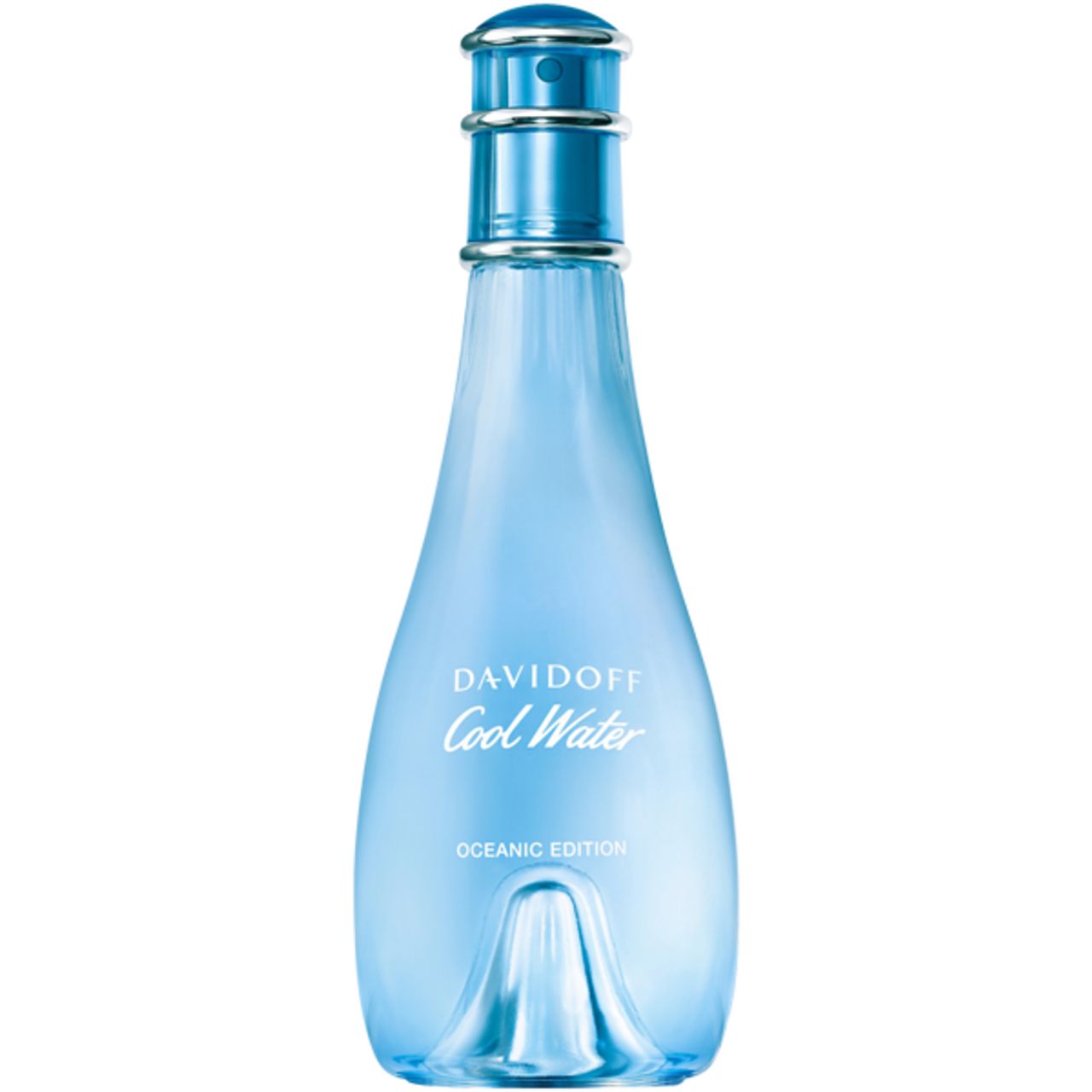 Hellblaues Parfumflakon. Aufschrift: Davidoff Cool Water Oceanic Edition. Flakon mit blauem Verschluss.