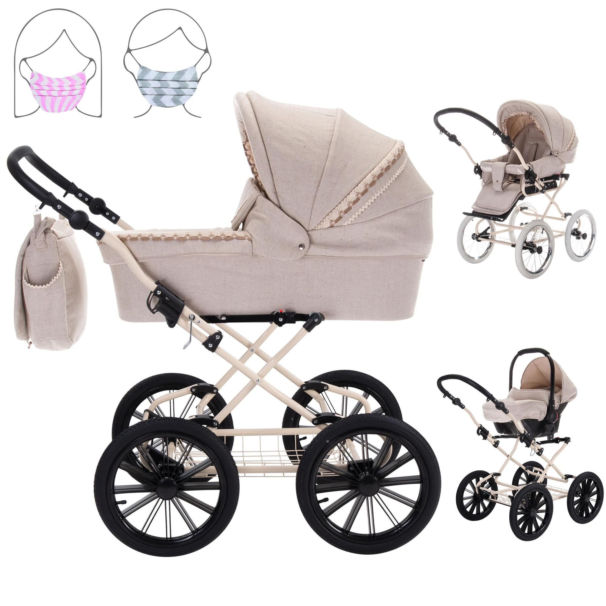 Friedrich Hugo Natureline 3 in 1 Kinderwagen Set Öko Nostalgie Kinderwagen, Edward Creme