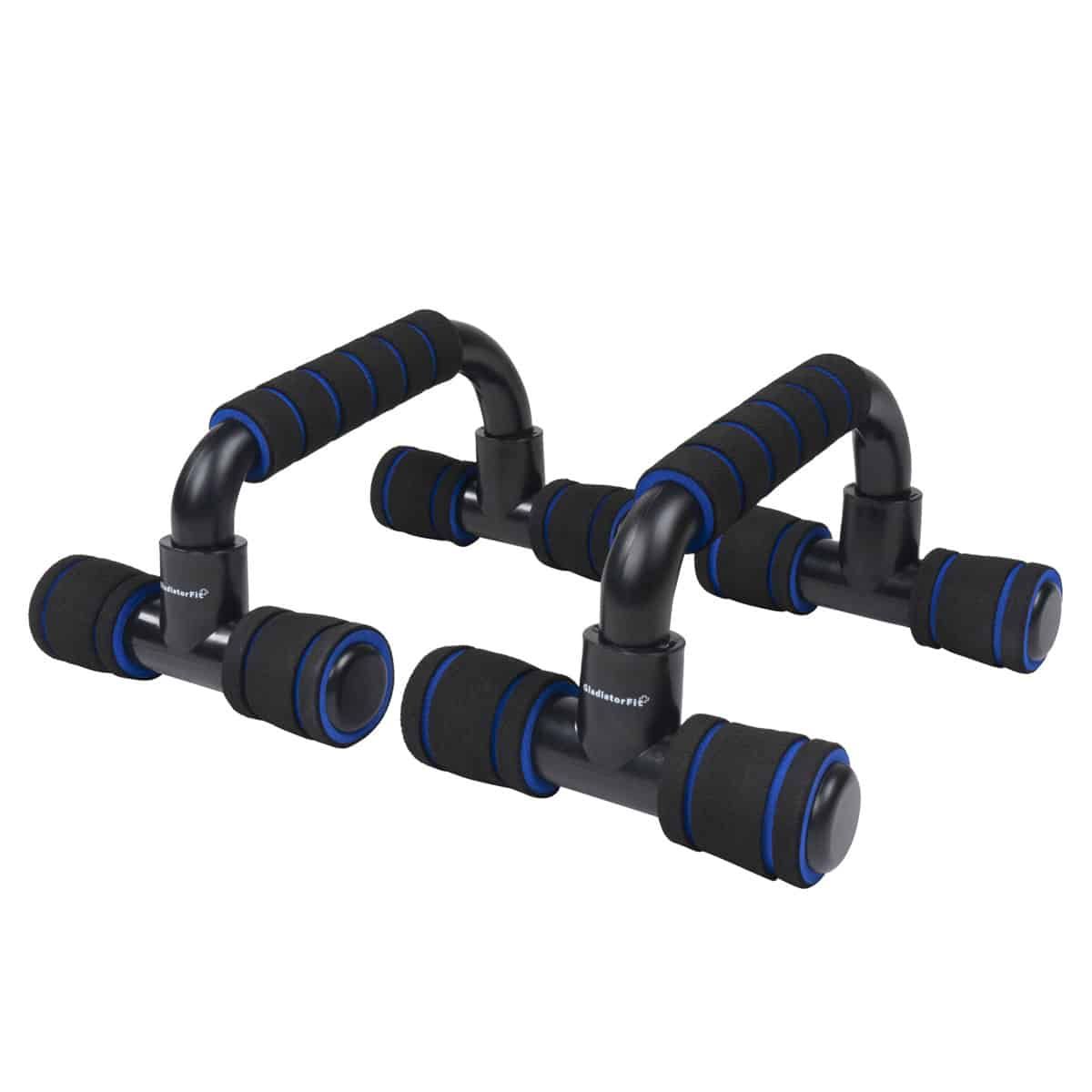 Zwei schwarze Push-up-Bars mit Schaumstoffgriffen und blauen Akzenten. Griffe sind gebogen.