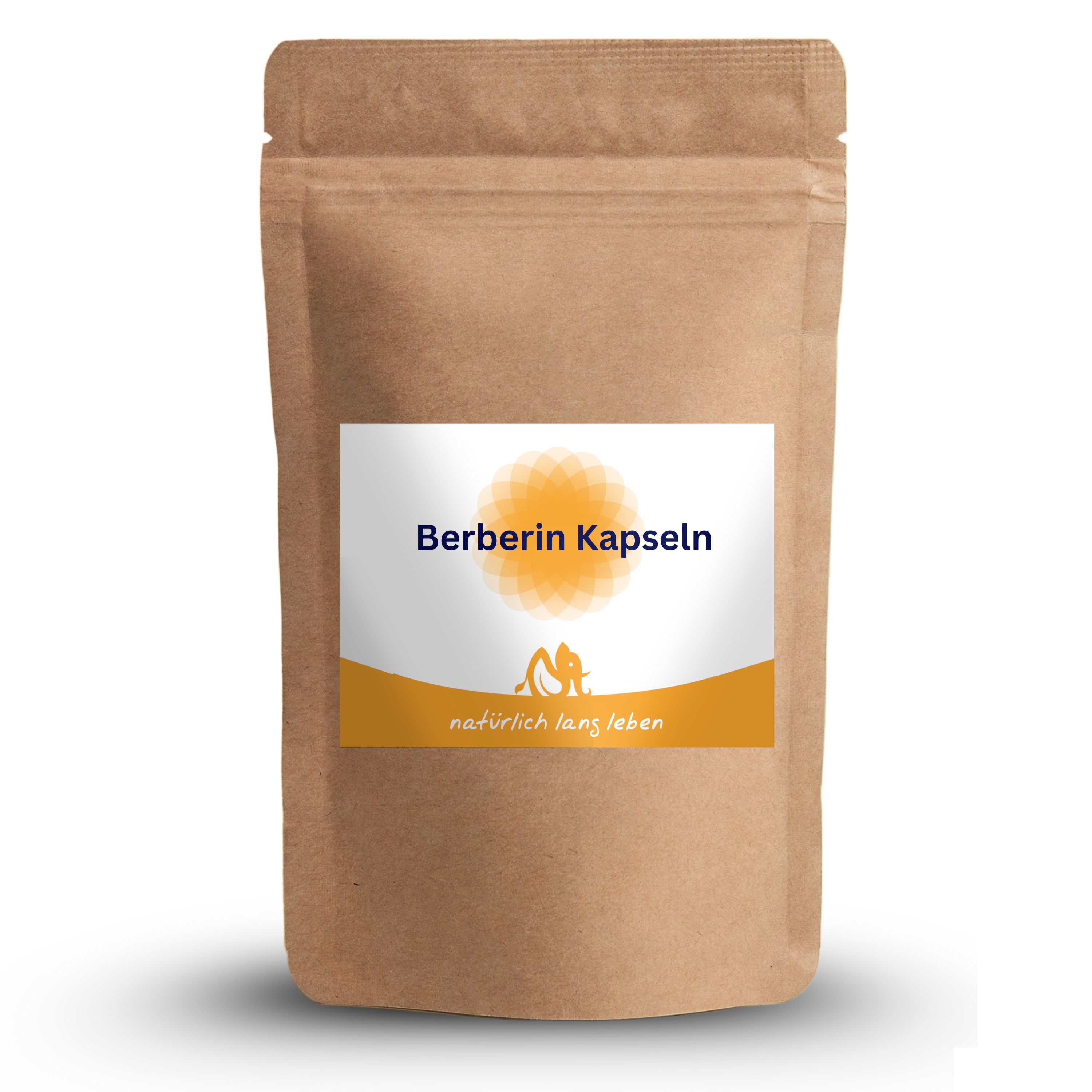 Beutel mit Berberin Kapseln. Aufkleber mit Produktname und Logo. Braune Verpackung.