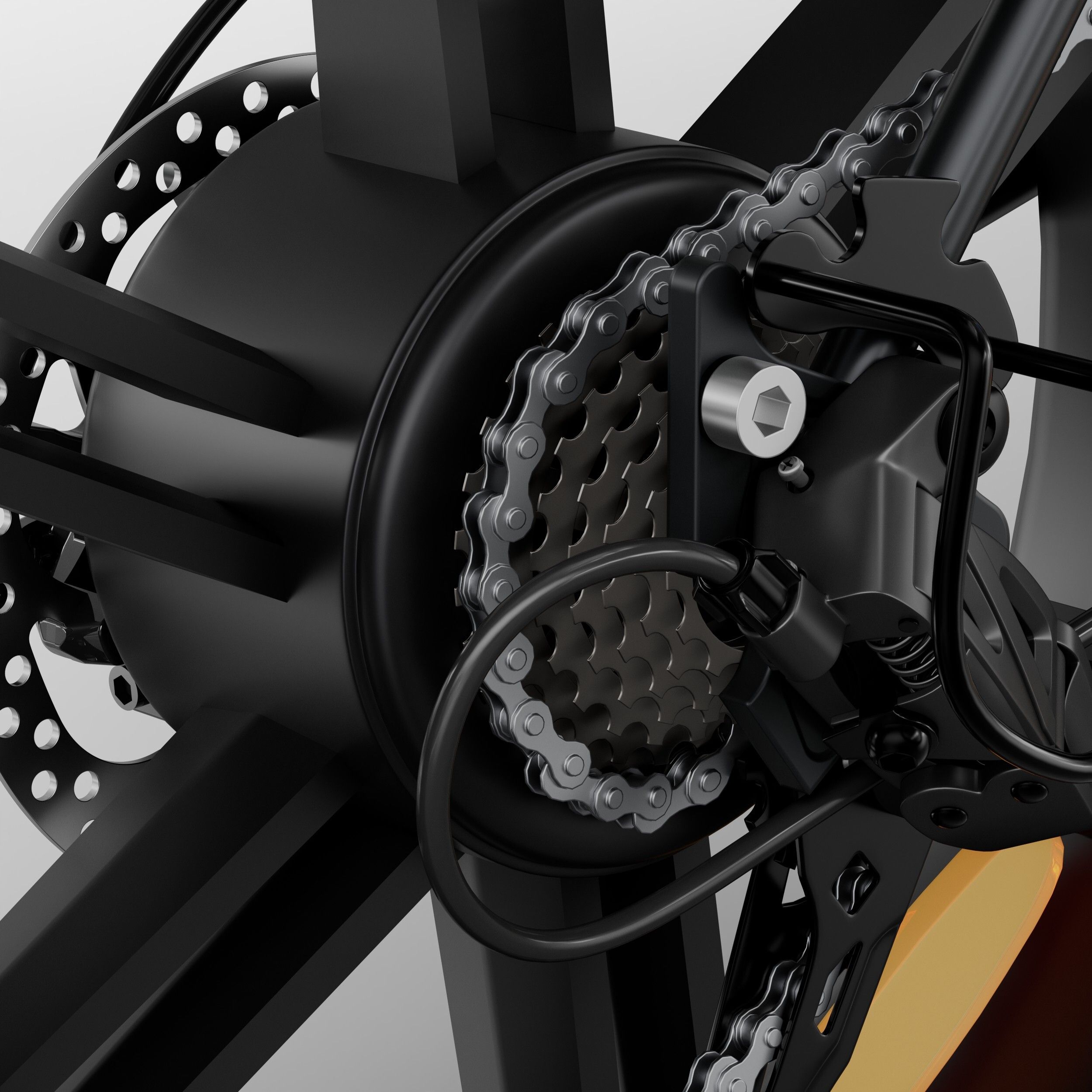 Schwarzes Hinterrad mit Bremsscheibe und Gangschaltung. Kette und Zahnräder. Detailaufnahme.