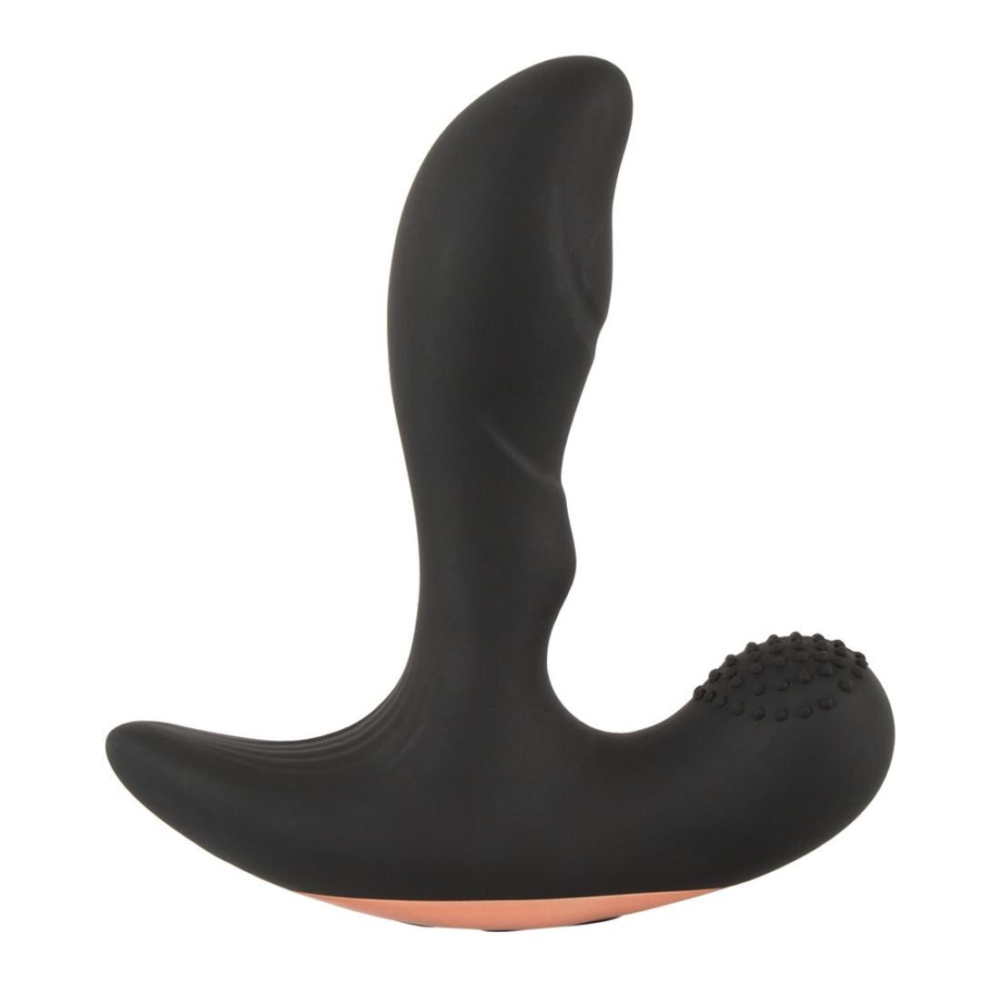 Prodotto benessere nero, forma curva, superfici strutturate. Base color oro rosa.