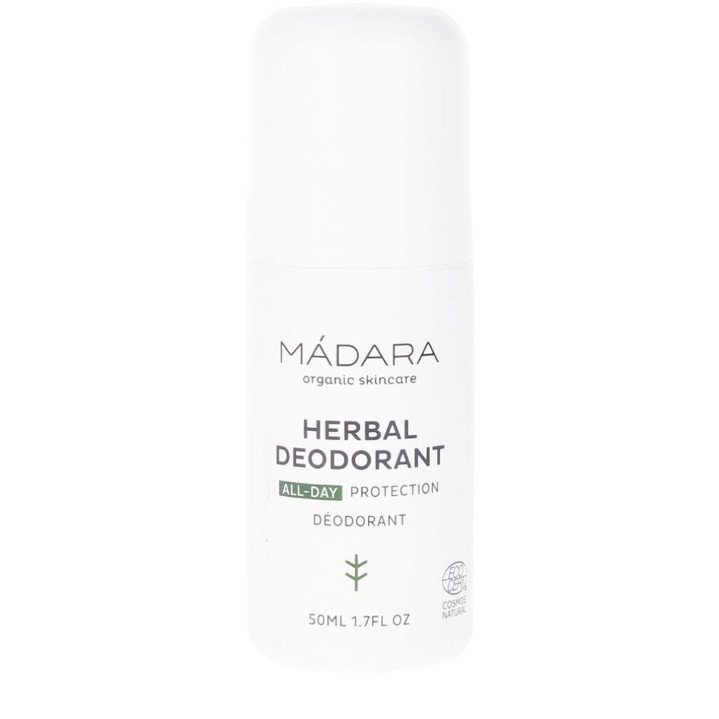 Weißer Roll-on-Deodorant mit 'MÁDARA' und 'HERBAL DEODORANT' Schriftzug.