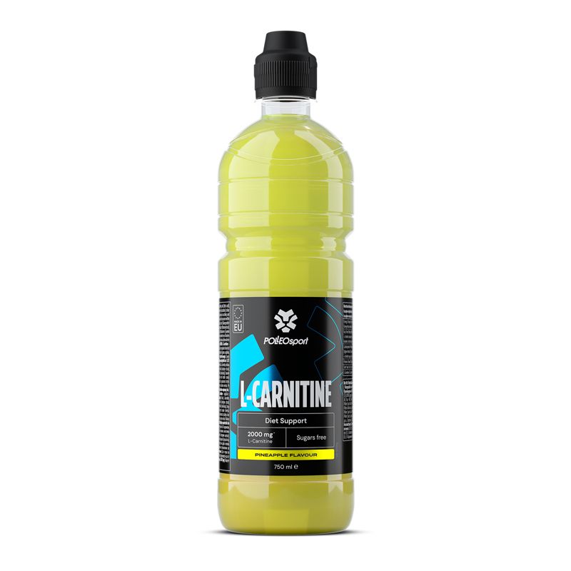 Gelbe Flasche mit schwarzem Deckel. Etikett mit "L-Carnitine", "Diet Support" und "Ananas-Geschmack".