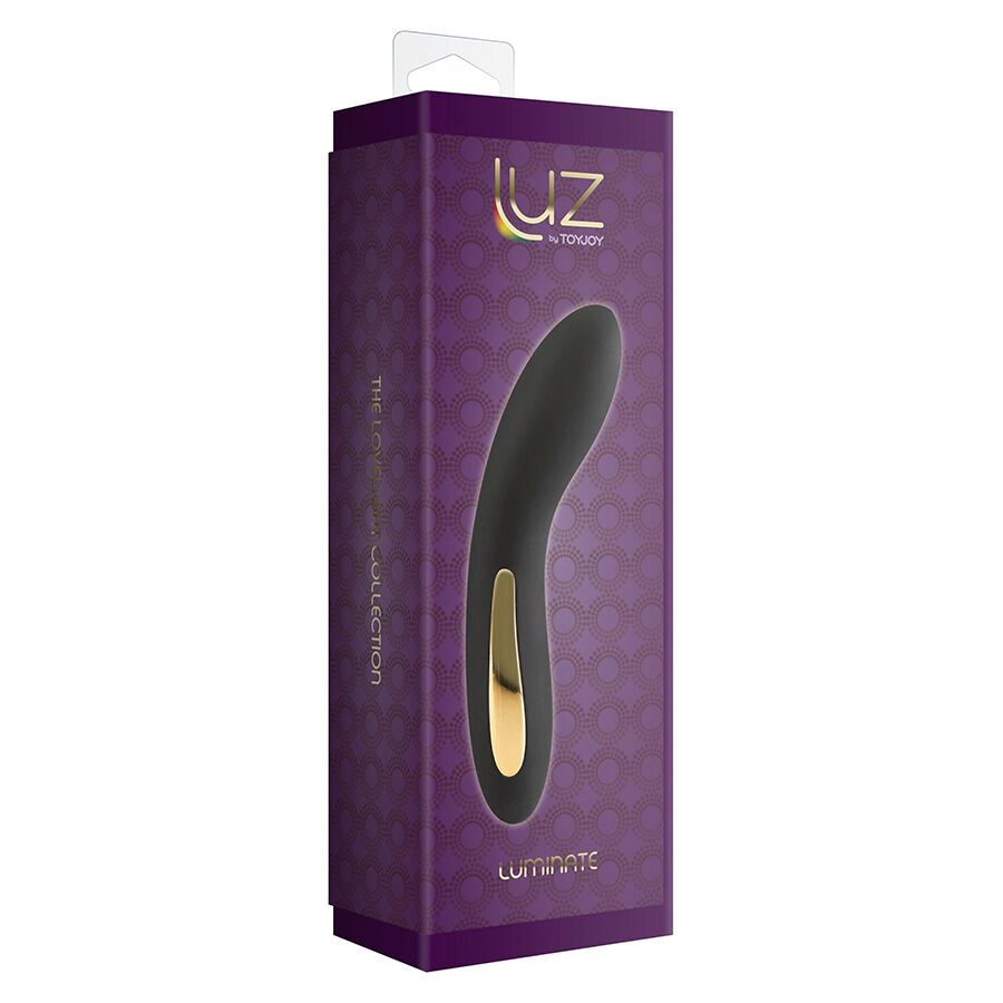 Verpackung für einen Vibrator. Lila Schachtel mit Produktabbildung und Aufschrift 'LUZ by TOYJOY'.