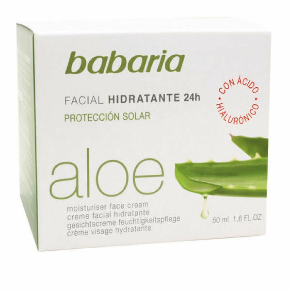 Weißer Karton mit Babaria-Logo. Text: Facial Hidratante 24h, Protección Solar, Aloe. Mit Hyaluronsäure-Siegel. Aloe-Vera-Blatt-Illustration.